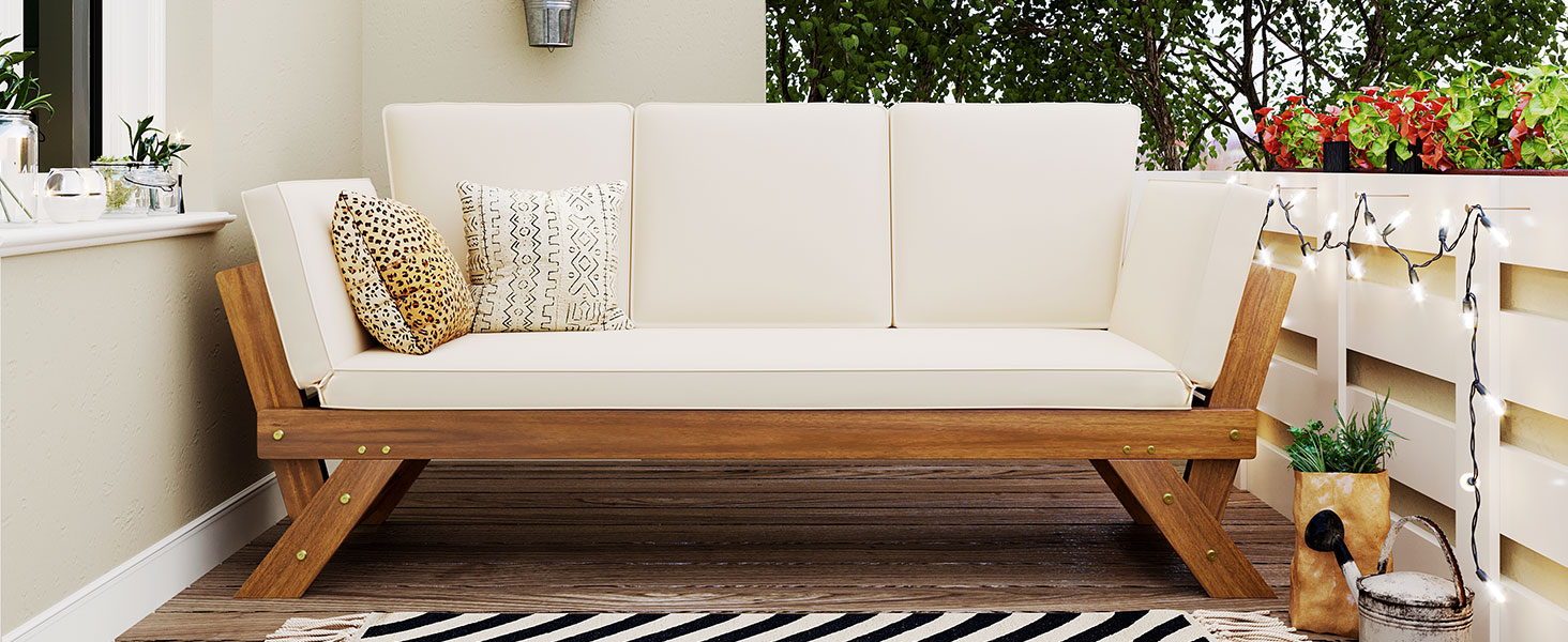 TOPMAX Outdoor Adjustable Patio Wooden Daybed Sofa Chaise Lounge with Cushions for Small Places, Natural Finish+Beige Cushion - Image 3