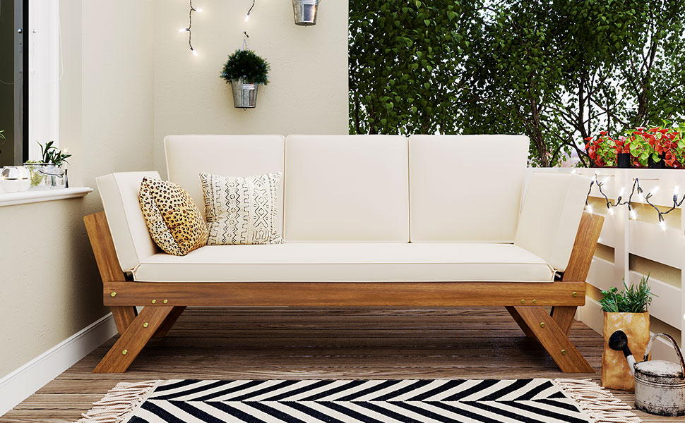 TOPMAX Outdoor Adjustable Patio Wooden Daybed Sofa Chaise Lounge with Cushions for Small Places, Natural Finish+Beige Cushion - Image 4
