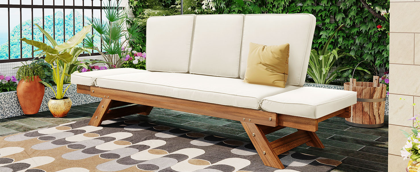 TOPMAX Outdoor Adjustable Patio Wooden Daybed Sofa Chaise Lounge with Cushions for Small Places, Natural Finish+Beige Cushion - Image 5