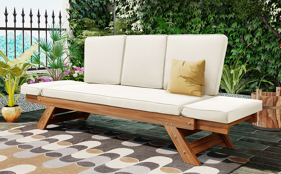 TOPMAX Outdoor Adjustable Patio Wooden Daybed Sofa Chaise Lounge with Cushions for Small Places, Natural Finish+Beige Cushion - Image 6