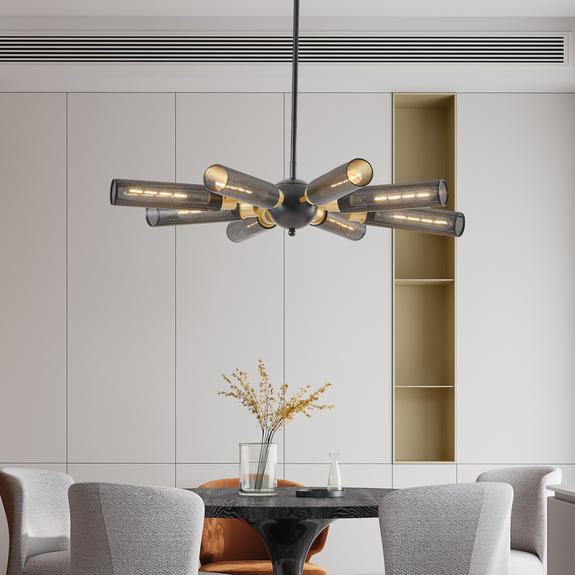34" Modern Industrial Sputnik Chandelier, 8-Light Black and Gold Metal Pendant Light with Mesh Shades, E26 Base, Adjustable Height for Dining Room, Living Room, or Kitchen Island (Bulb Not Included) - Image 2