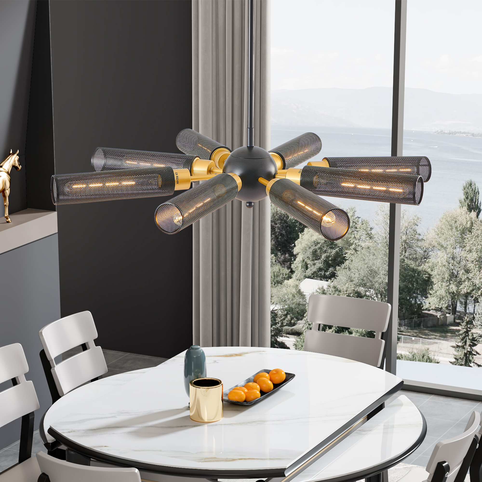 34" Modern Industrial Sputnik Chandelier, 8-Light Black and Gold Metal Pendant Light with Mesh Shades, E26 Base, Adjustable Height for Dining Room, Living Room, or Kitchen Island (Bulb Not Included) - Image 3