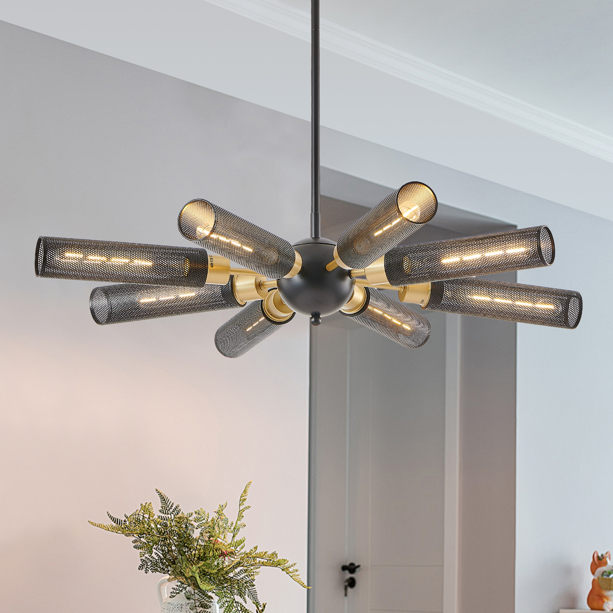 34" Modern Industrial Sputnik Chandelier, 8-Light Black and Gold Metal Pendant Light with Mesh Shades, E26 Base, Adjustable Height for Dining Room, Living Room, or Kitchen Island (Bulb Not Included) - Image 4
