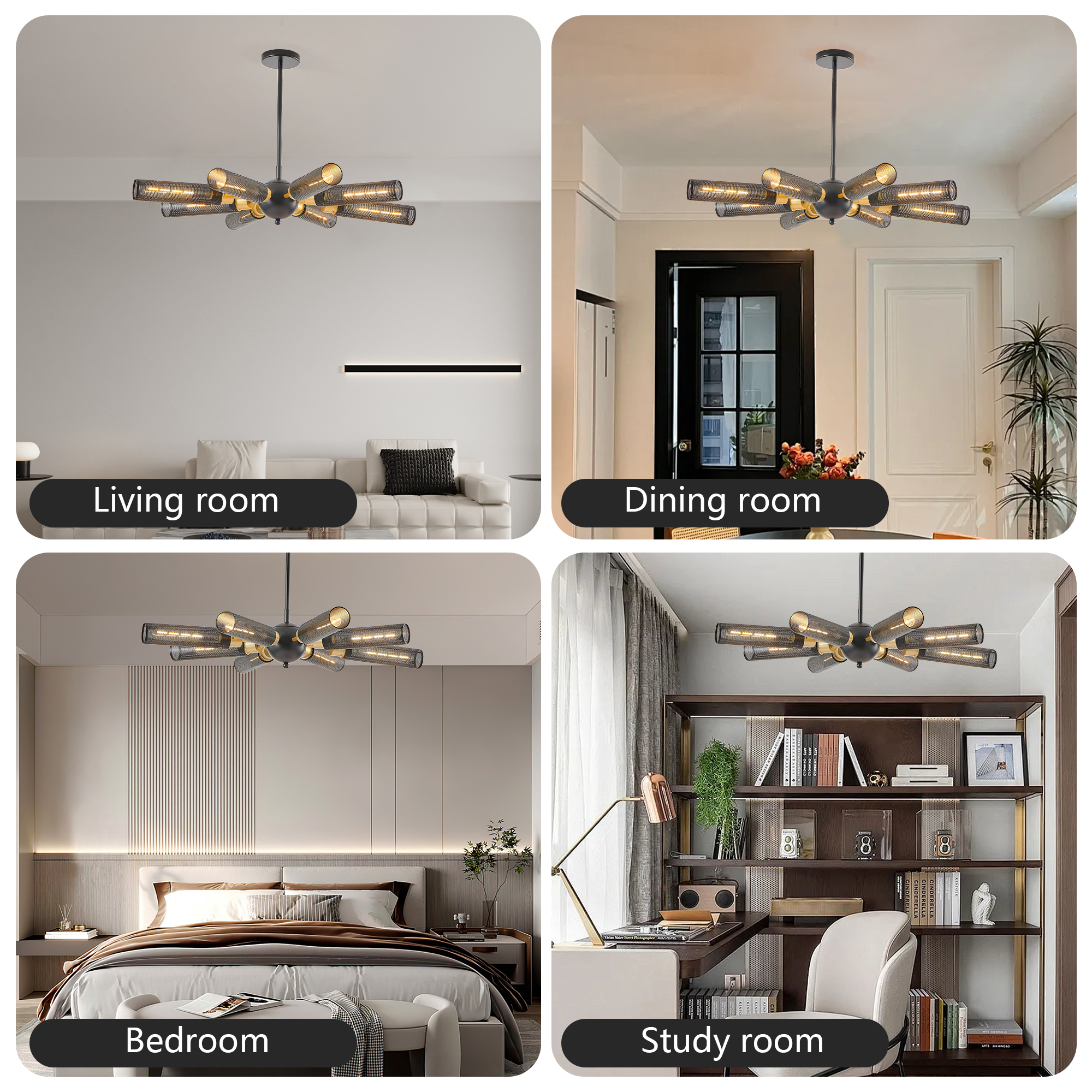 34" Modern Industrial Sputnik Chandelier, 8-Light Black and Gold Metal Pendant Light with Mesh Shades, E26 Base, Adjustable Height for Dining Room, Living Room, or Kitchen Island (Bulb Not Included) - Image 5