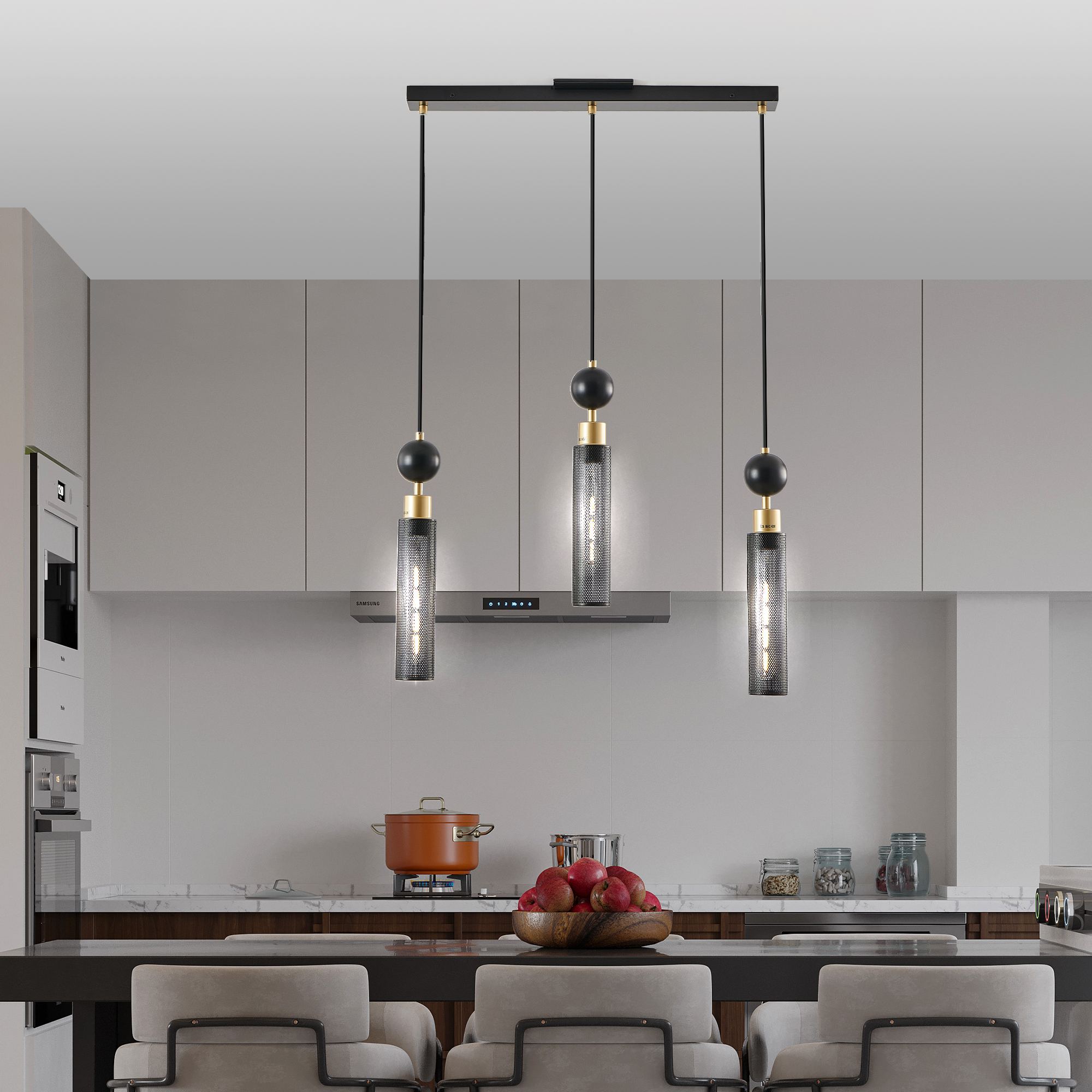 25" Modern Black and Gold 3-Light Pendant Chandelier, Adjustable Hanging Lights with Cylindrical Mesh Shades, E26 Base, Ideal for Dining Room, Kitchen Island, or Living Room Lighting (No Bulbs) - Image 2