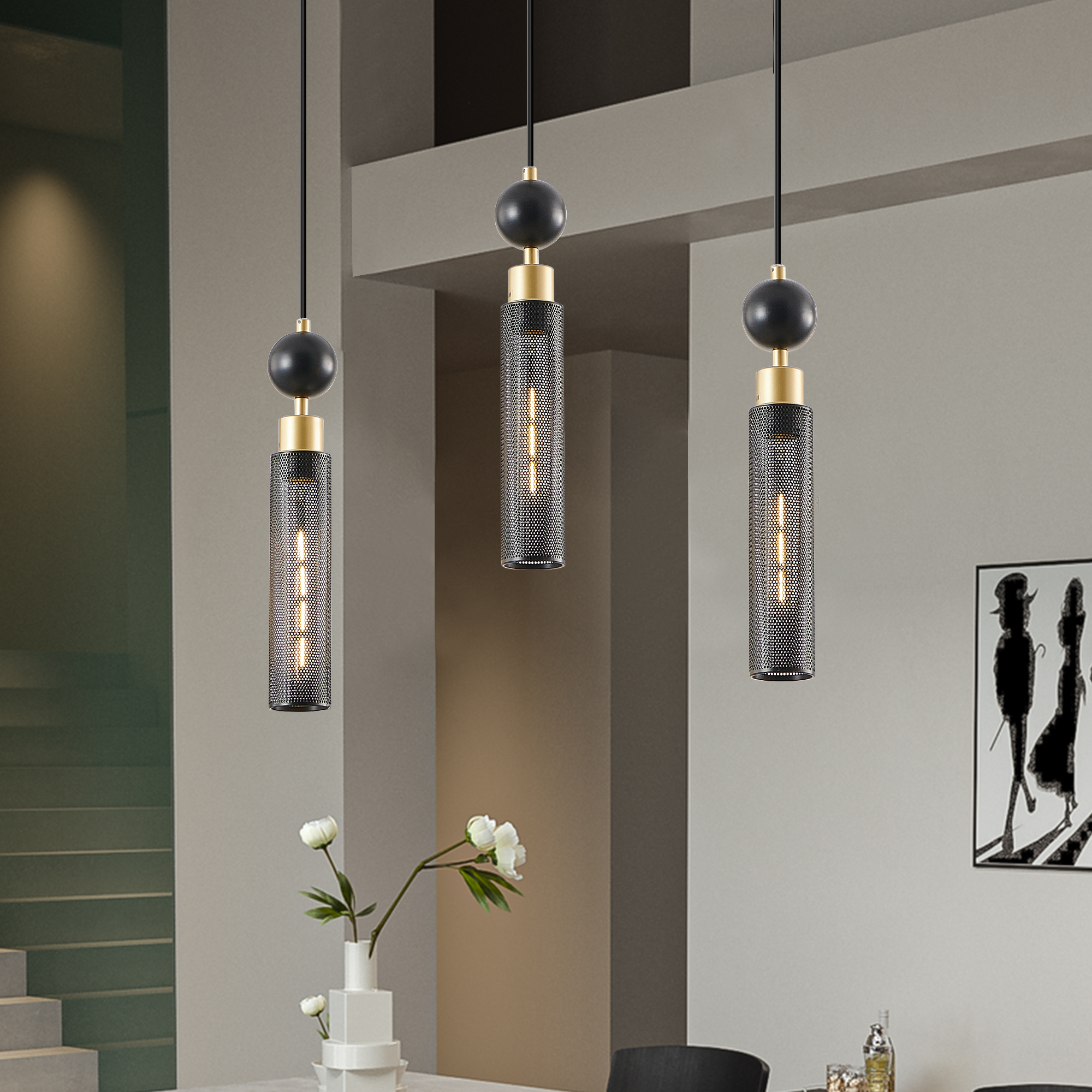25" Modern Black and Gold 3-Light Pendant Chandelier, Adjustable Hanging Lights with Cylindrical Mesh Shades, E26 Base, Ideal for Dining Room, Kitchen Island, or Living Room Lighting (No Bulbs) - Image 3