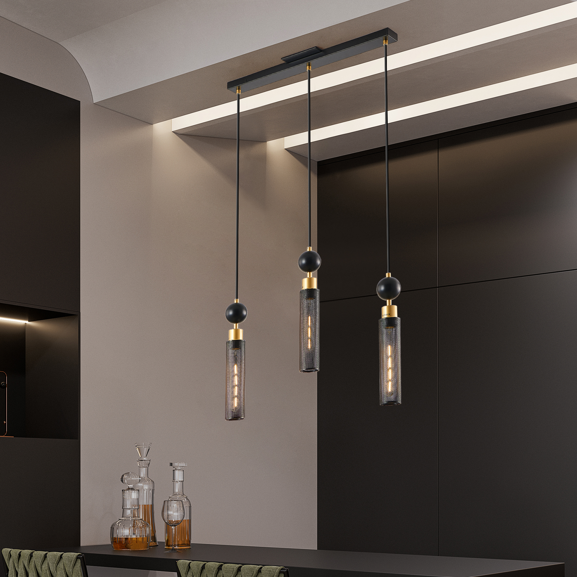 25" Modern Black and Gold 3-Light Pendant Chandelier, Adjustable Hanging Lights with Cylindrical Mesh Shades, E26 Base, Ideal for Dining Room, Kitchen Island, or Living Room Lighting (No Bulbs) - Image 4