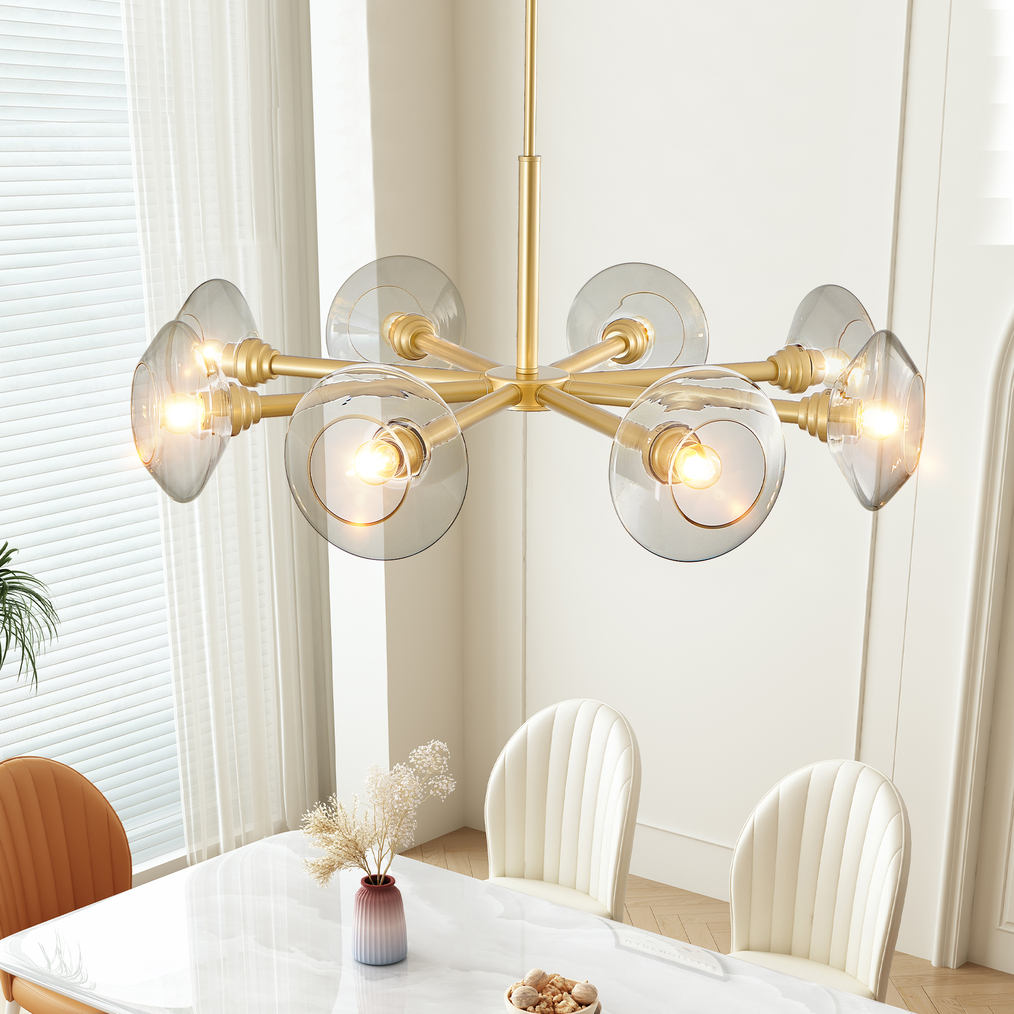 36" Modern Gold 8-Light Sputnik Chandelier with Clear Glass Shades, Mid-Century Hanging Pendant Light Fixture for Dining Room, Living Room, or Kitchen (Bulb Not Included) - Image 2