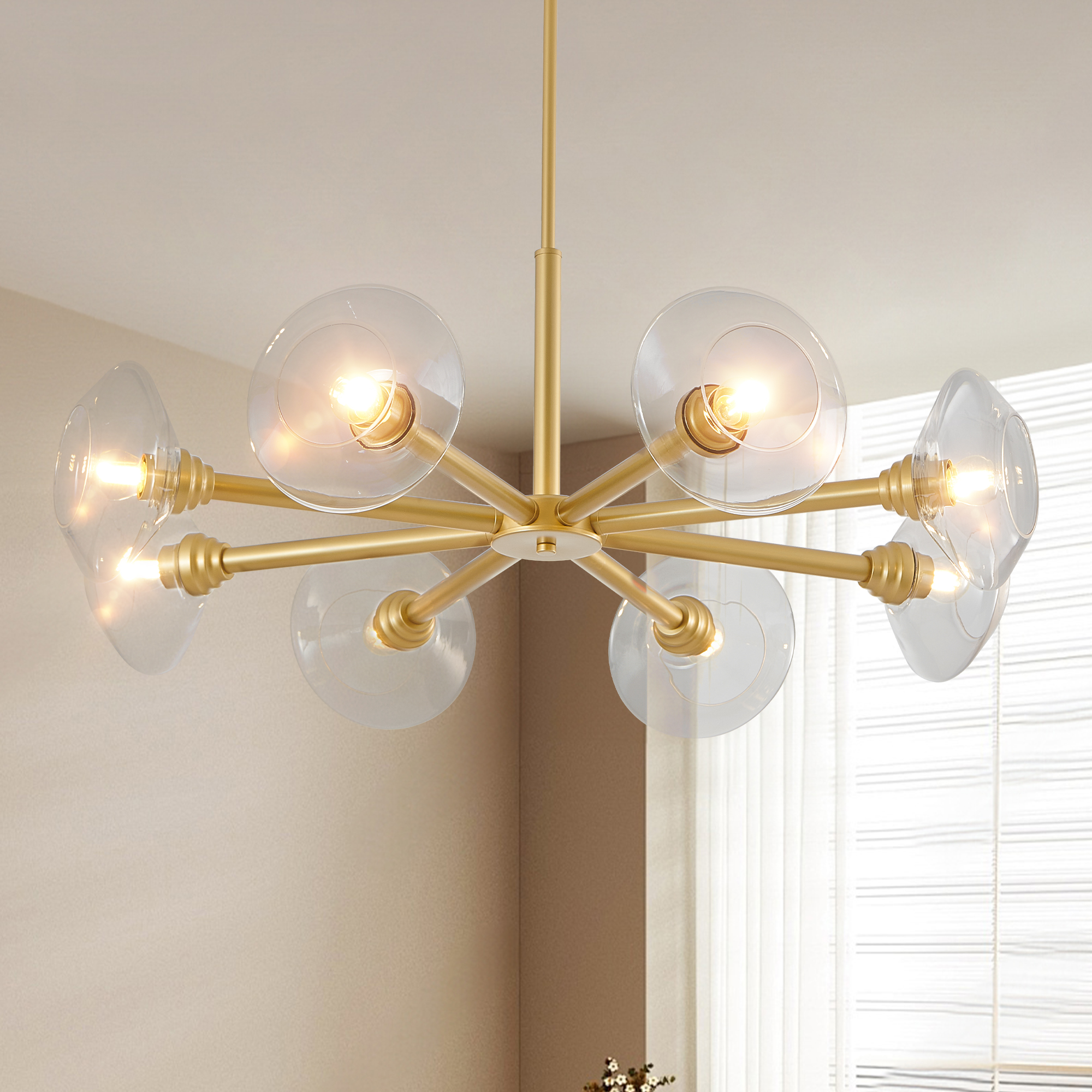 36" Modern Gold 8-Light Sputnik Chandelier with Clear Glass Shades, Mid-Century Hanging Pendant Light Fixture for Dining Room, Living Room, or Kitchen (Bulb Not Included) - Image 3
