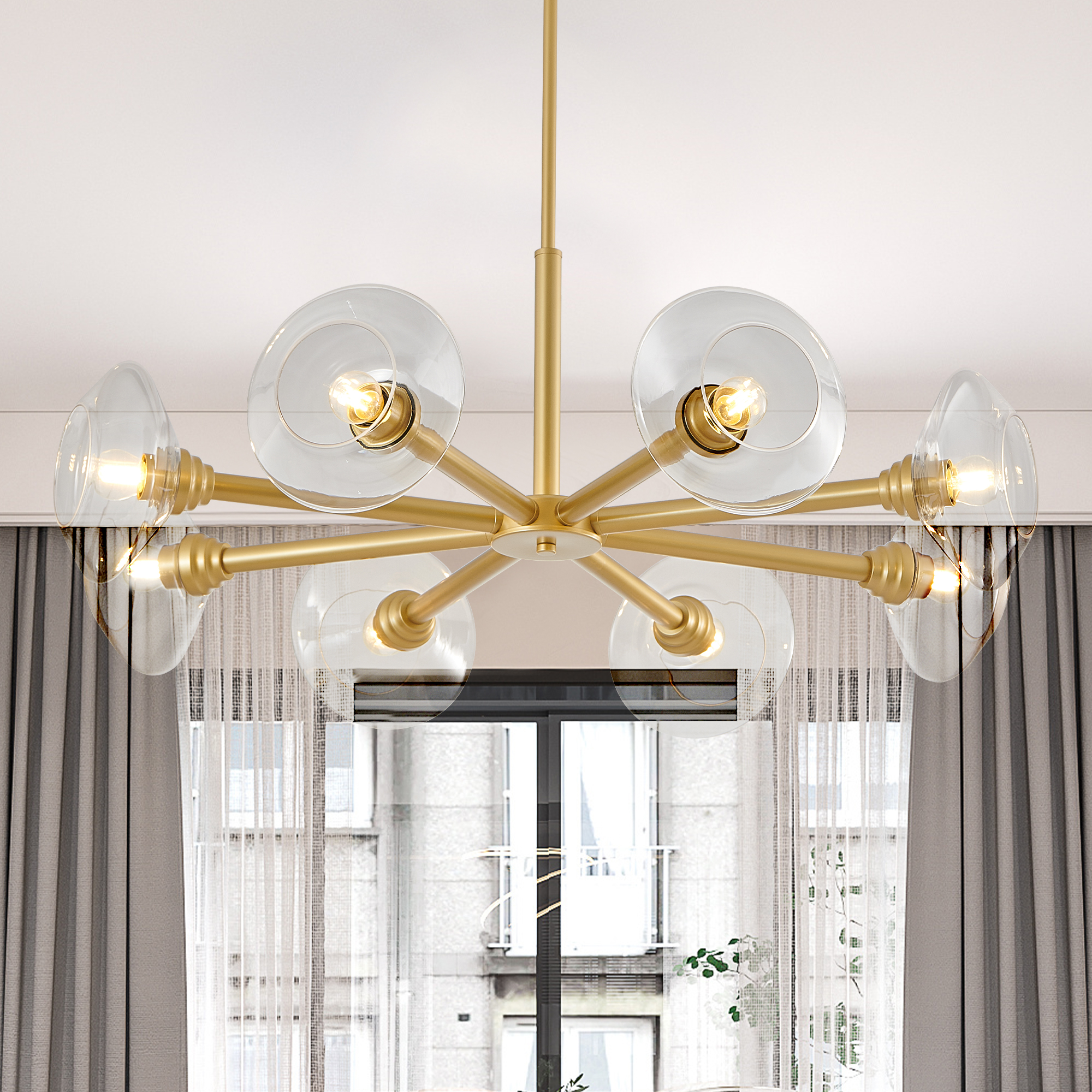 36" Modern Gold 8-Light Sputnik Chandelier with Clear Glass Shades, Mid-Century Hanging Pendant Light Fixture for Dining Room, Living Room, or Kitchen (Bulb Not Included) - Image 4