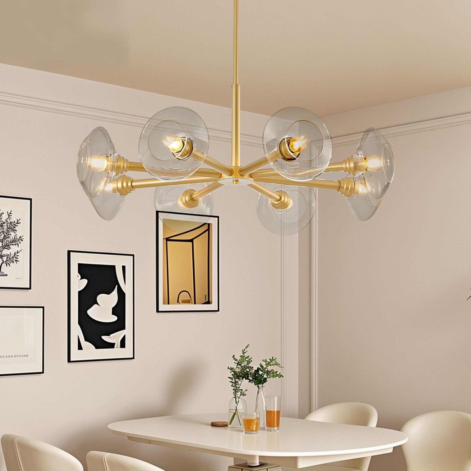 36" Modern Gold 8-Light Sputnik Chandelier with Clear Glass Shades, Mid-Century Hanging Pendant Light Fixture for Dining Room, Living Room, or Kitchen (Bulb Not Included) - Image 5