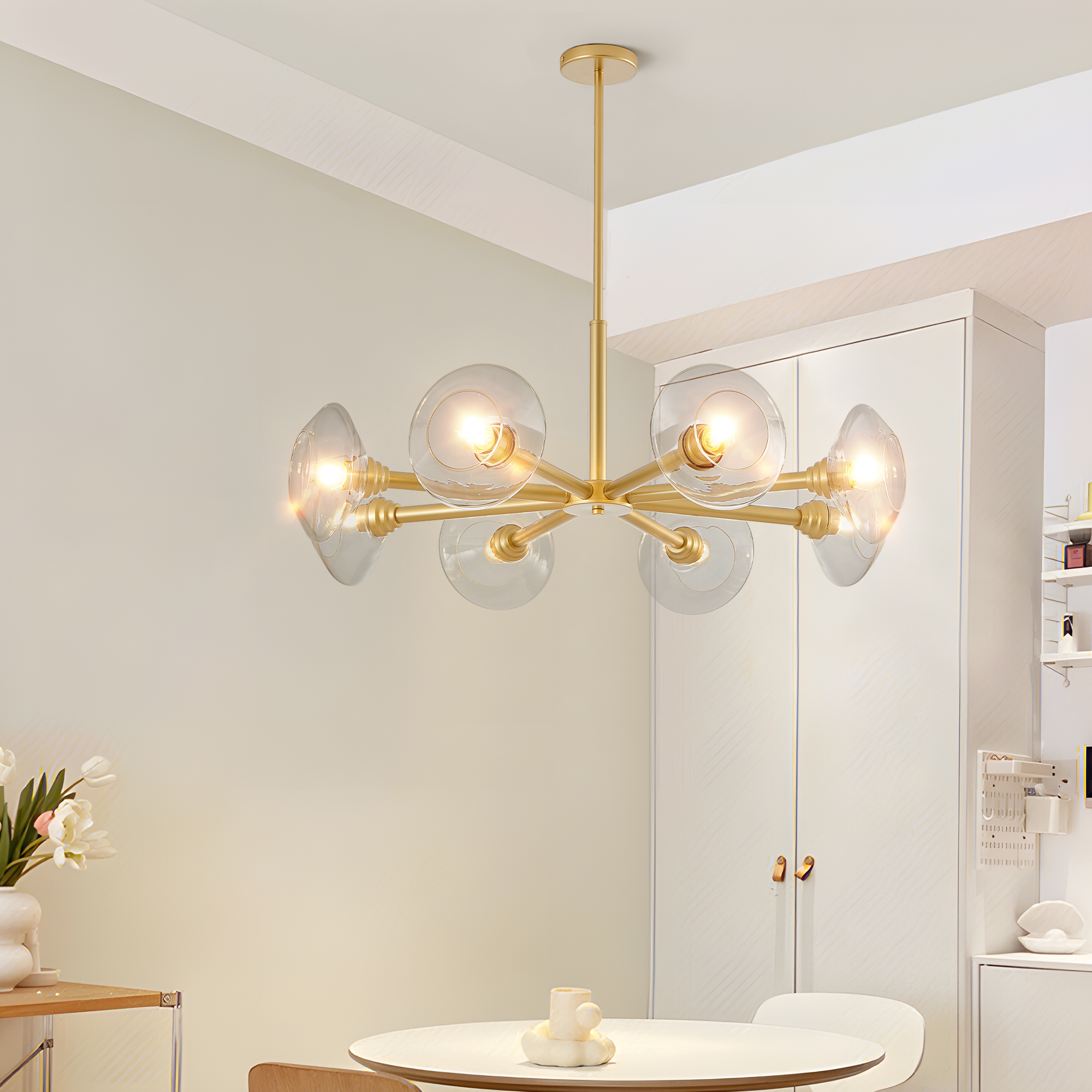 36" Modern Gold 8-Light Sputnik Chandelier with Clear Glass Shades, Mid-Century Hanging Pendant Light Fixture for Dining Room, Living Room, or Kitchen (Bulb Not Included) - Image 6