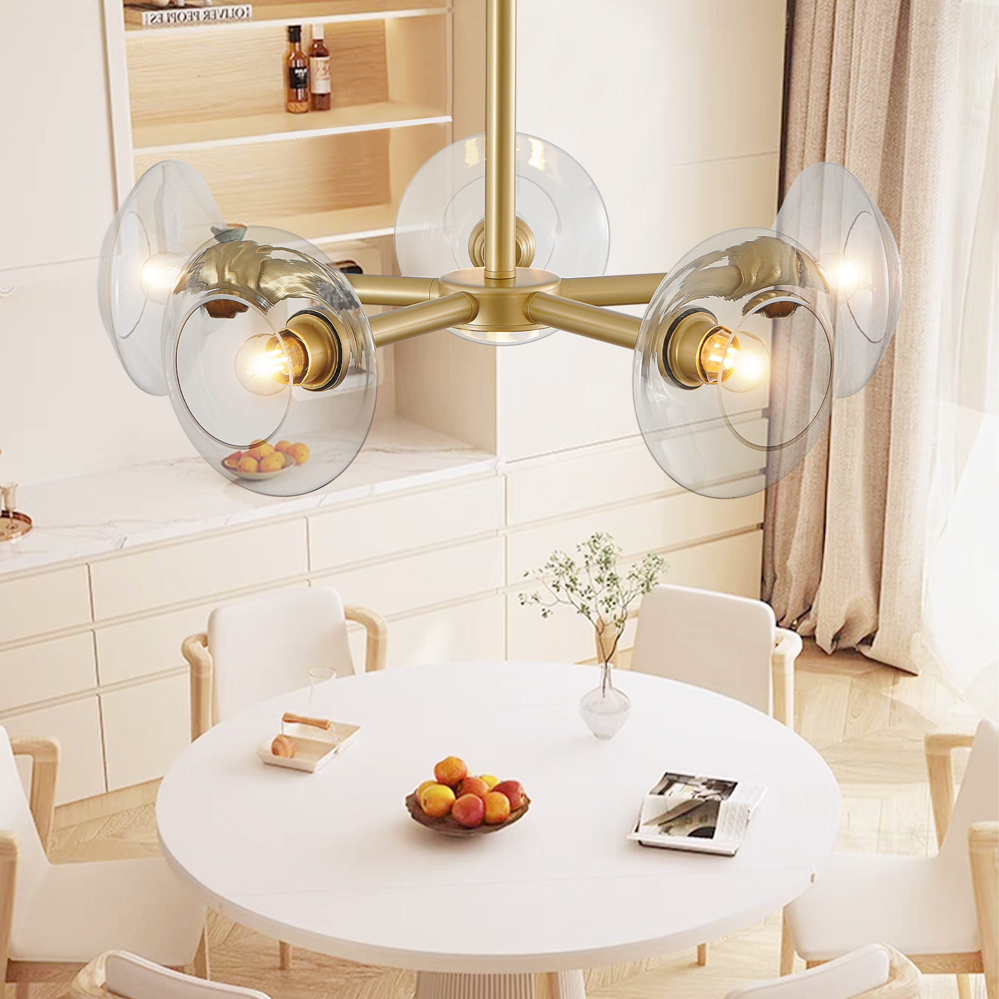 26" Modern Gold 5-Light Sputnik Chandelier with Clear Glass Shades, Mid-Century Hanging Pendant Light Fixture for Dining Room, Living Room, or Kitchen (Bulb Not Included) - Image 2
