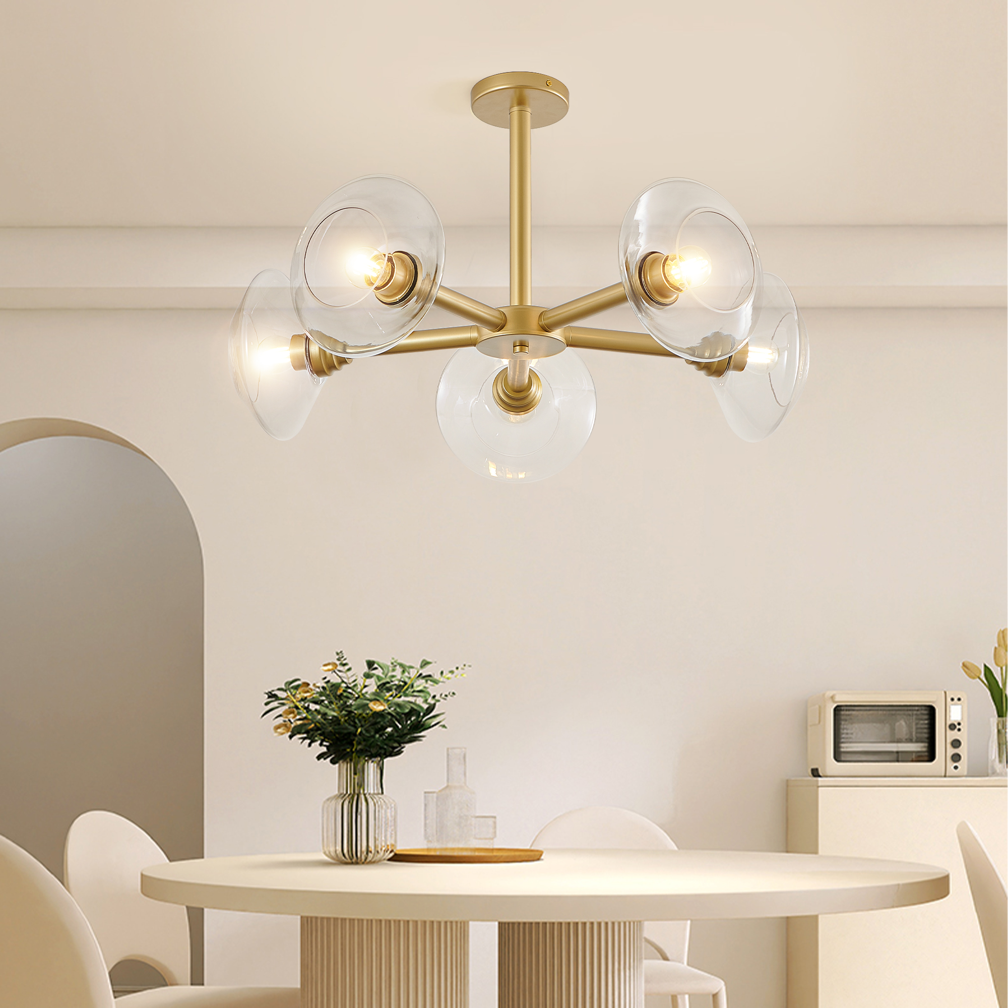 26" Modern Gold 5-Light Sputnik Chandelier with Clear Glass Shades, Mid-Century Hanging Pendant Light Fixture for Dining Room, Living Room, or Kitchen (Bulb Not Included) - Image 3