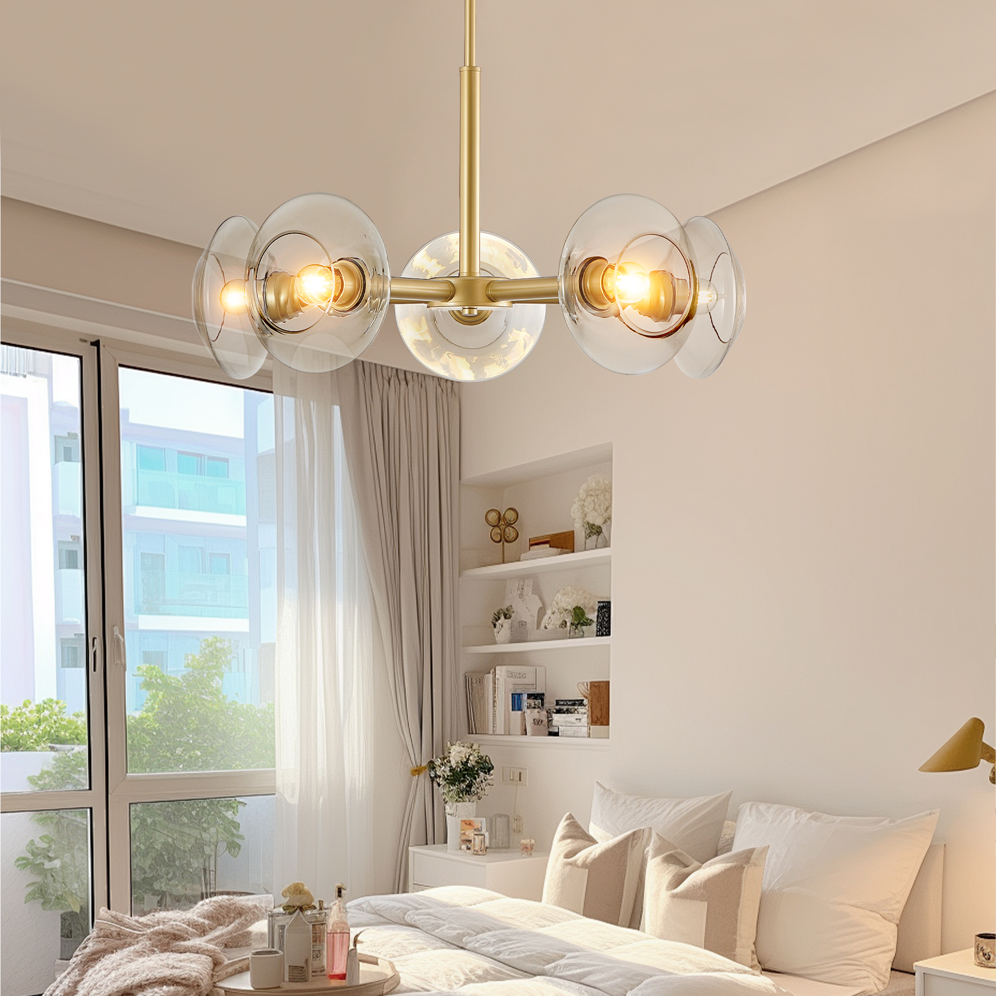 26" Modern Gold 5-Light Sputnik Chandelier with Clear Glass Shades, Mid-Century Hanging Pendant Light Fixture for Dining Room, Living Room, or Kitchen (Bulb Not Included) - Image 4