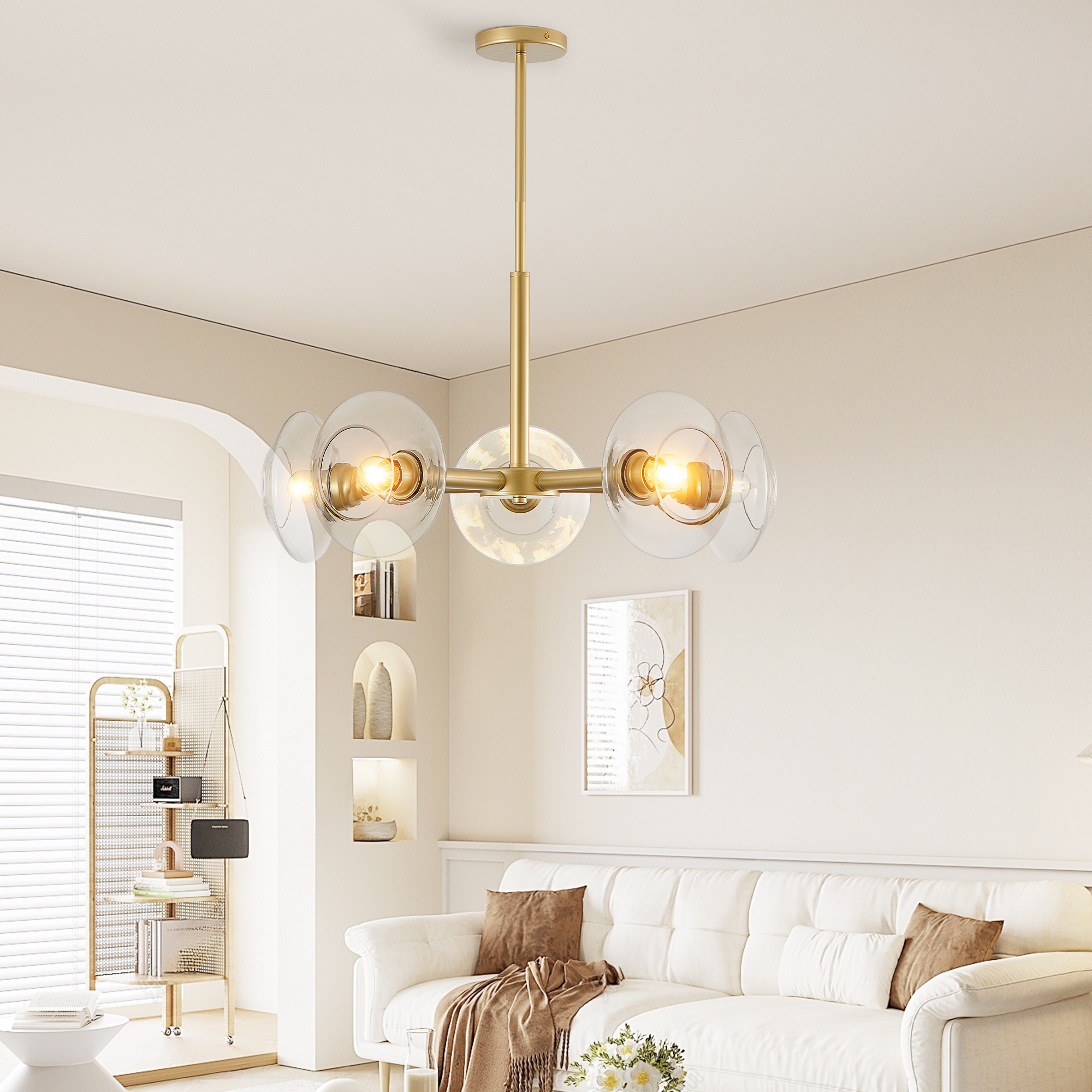 26" Modern Gold 5-Light Sputnik Chandelier with Clear Glass Shades, Mid-Century Hanging Pendant Light Fixture for Dining Room, Living Room, or Kitchen (Bulb Not Included) - Image 5
