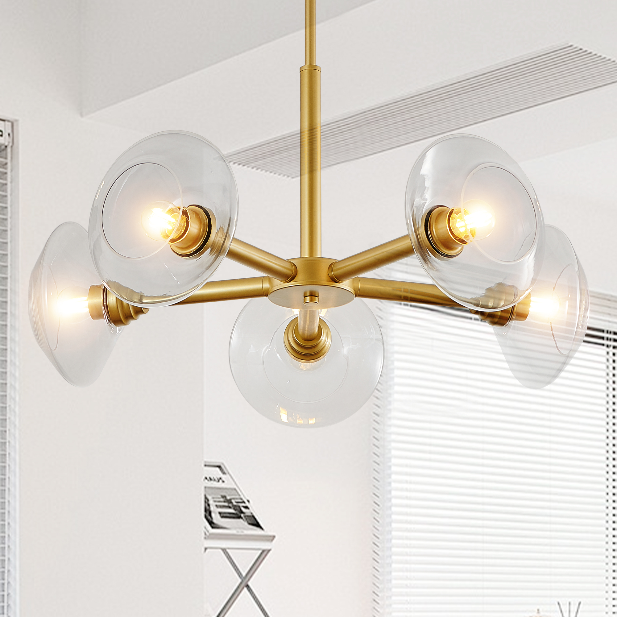26" Modern Gold 5-Light Sputnik Chandelier with Clear Glass Shades, Mid-Century Hanging Pendant Light Fixture for Dining Room, Living Room, or Kitchen (Bulb Not Included) - Image 6
