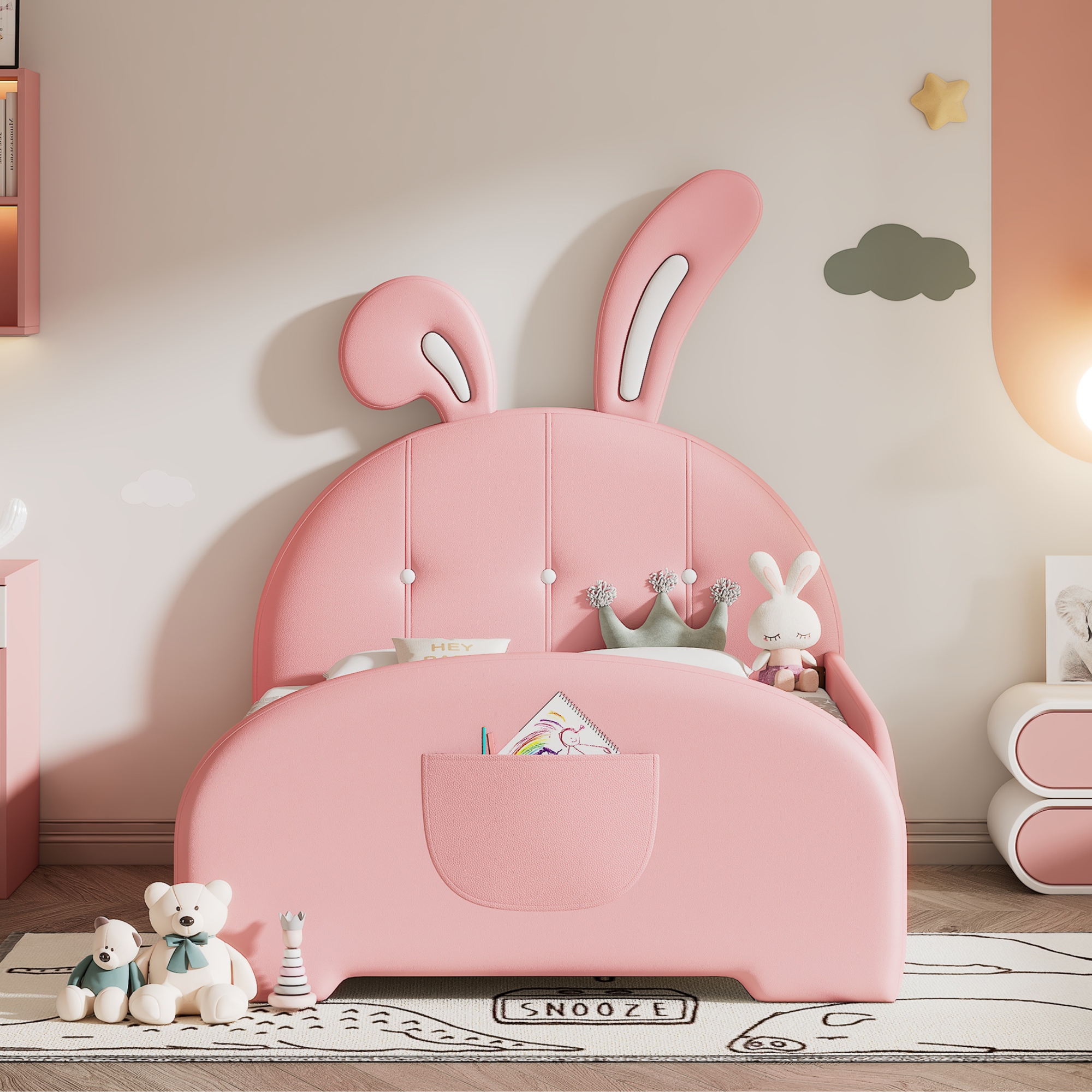 Twin size Upholstered Rabbit-Shape Princess Bed ,Twin Size Platform Bed with Headboard and Footboard,Pink (Old SKU: WF311629AAH) - Image 3