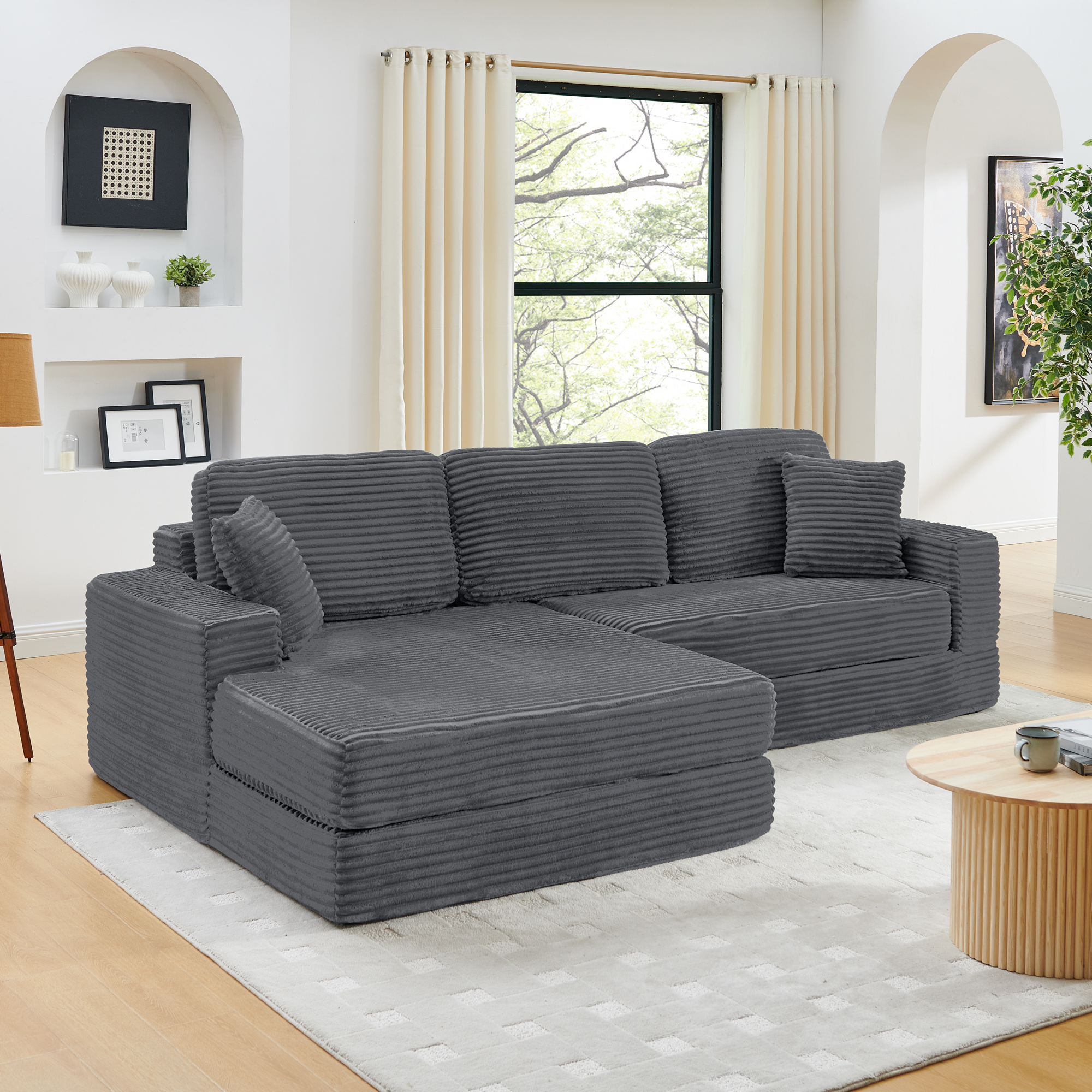 Left sofa seat,L shape Modular Sectional Sofa, Compressed Sectional Sofa Modern Minimalist Style Corduroy Couch,Unfold into a bed, Bedroom, Comfy Compressed Sofa Couch Space-Efficient Design-Gray - Image 1