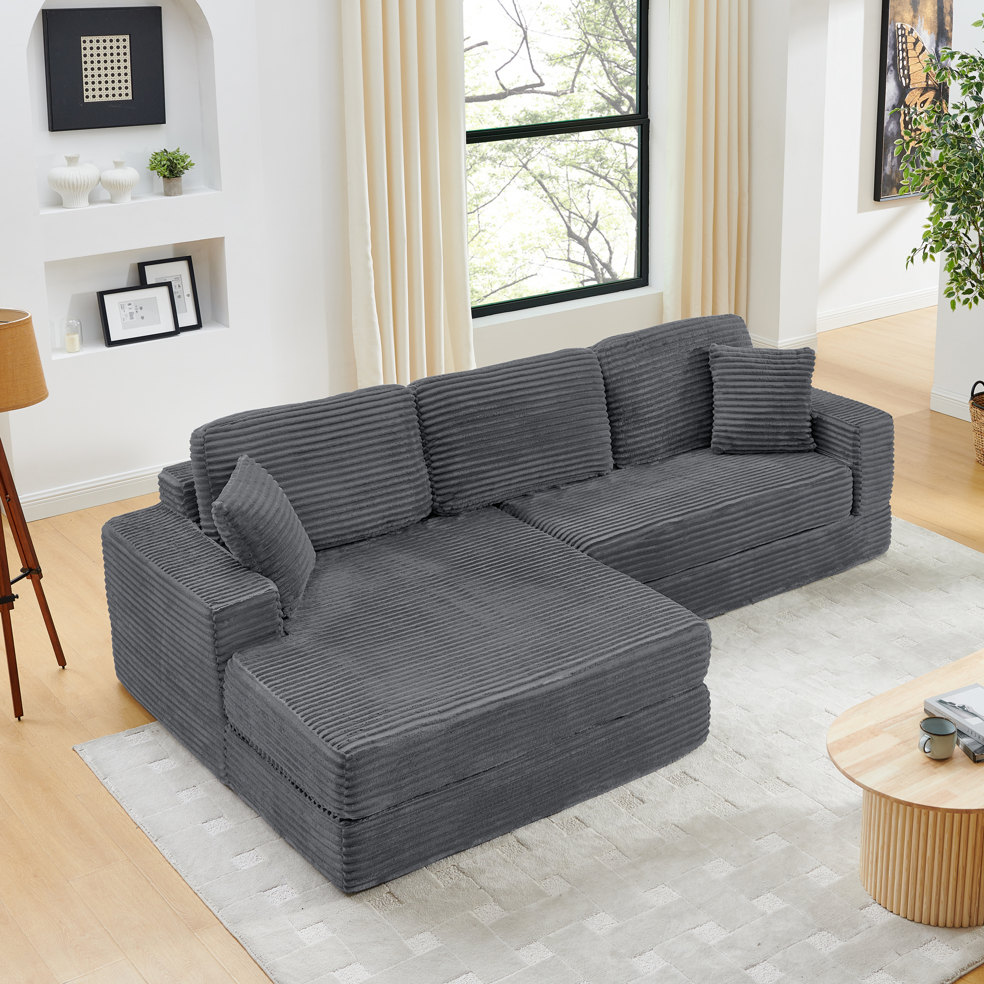 Left sofa seat,L shape Modular Sectional Sofa, Compressed Sectional Sofa Modern Minimalist Style Corduroy Couch,Unfold into a bed, Bedroom, Comfy Compressed Sofa Couch Space-Efficient Design-Gray - Image 2