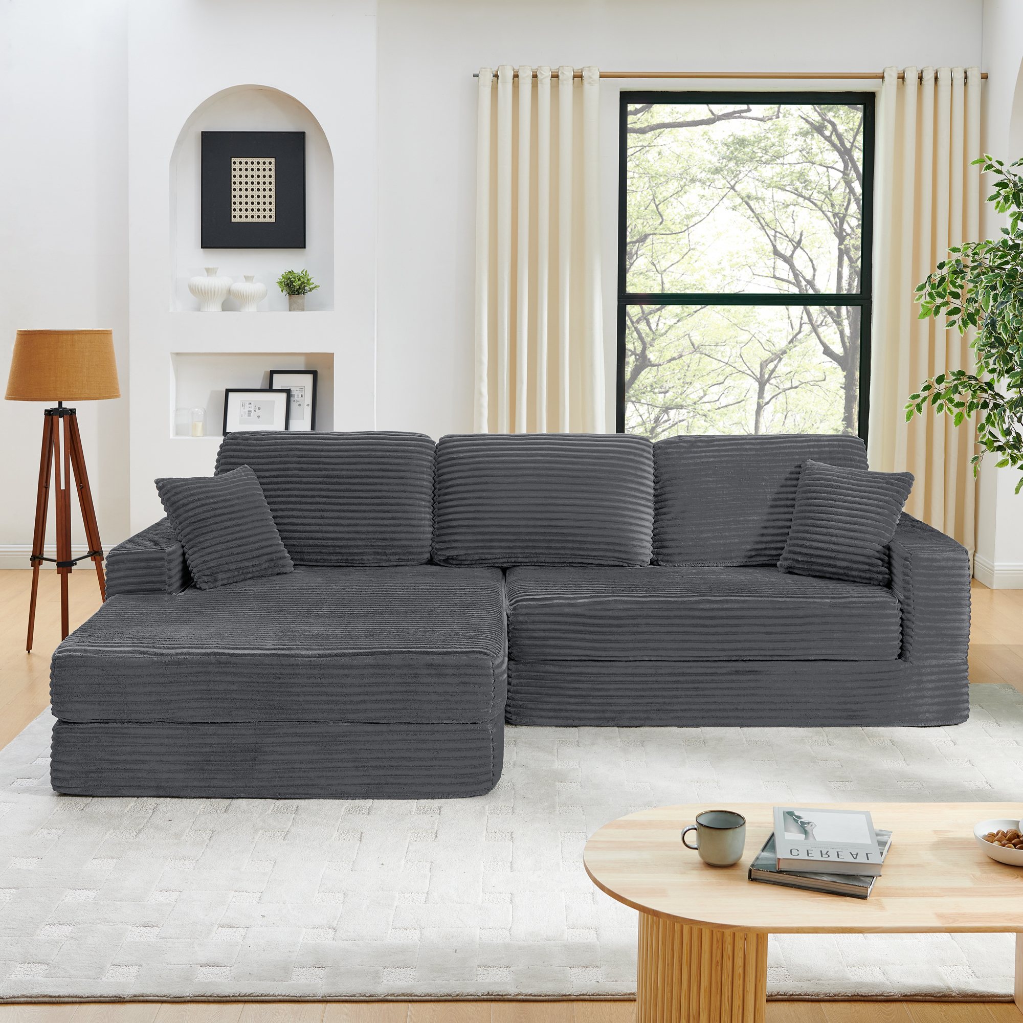 Left sofa seat,L shape Modular Sectional Sofa, Compressed Sectional Sofa Modern Minimalist Style Corduroy Couch,Unfold into a bed, Bedroom, Comfy Compressed Sofa Couch Space-Efficient Design-Gray - Image 3