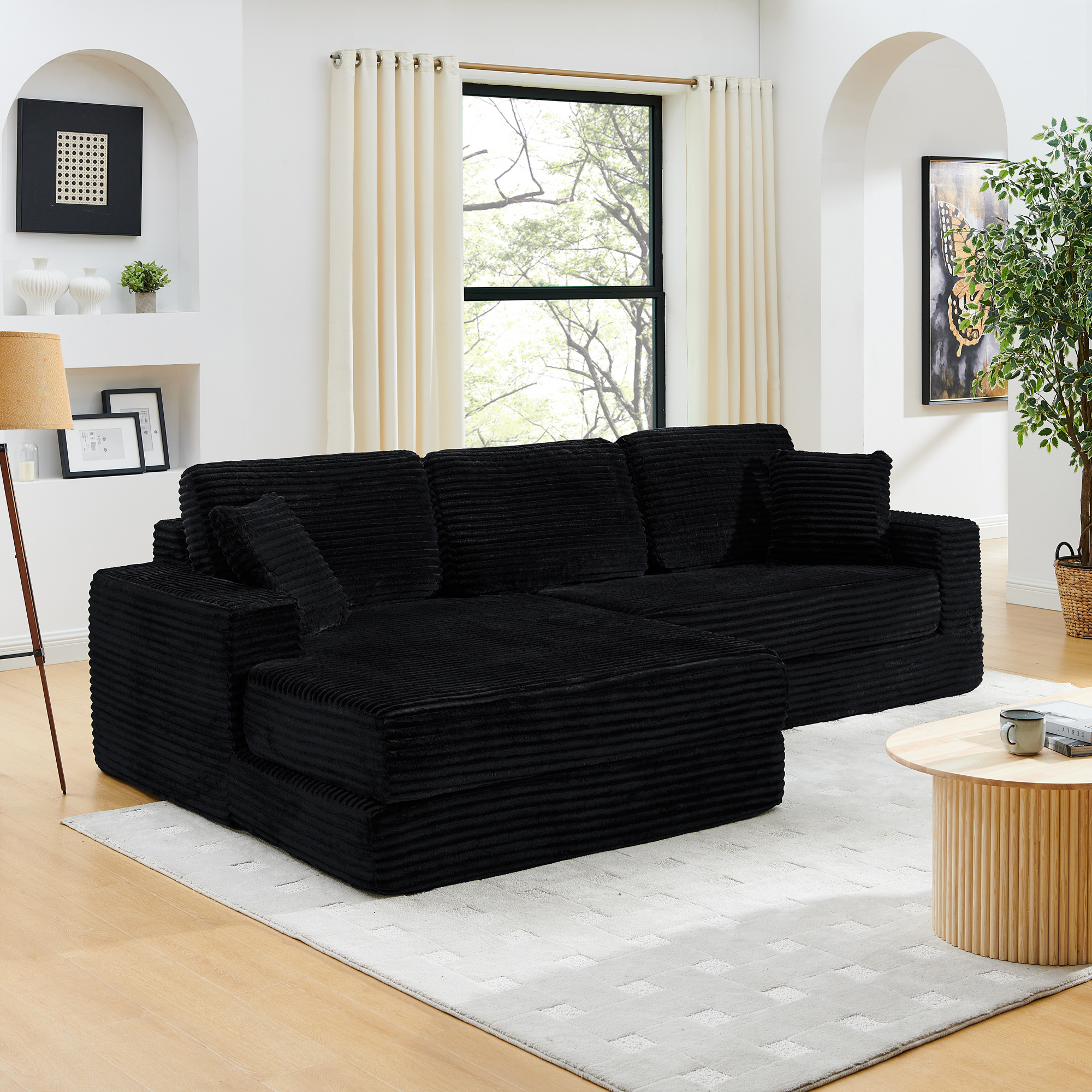 Left sofa seat,L shape Modular Sectional Sofa, Compressed Sectional Sofa Modern Minimalist Style Corduroy Couch,Unfold into a bed, Bedroom, Comfy Compressed Sofa Couch Space-Efficient Design-black - Image 1