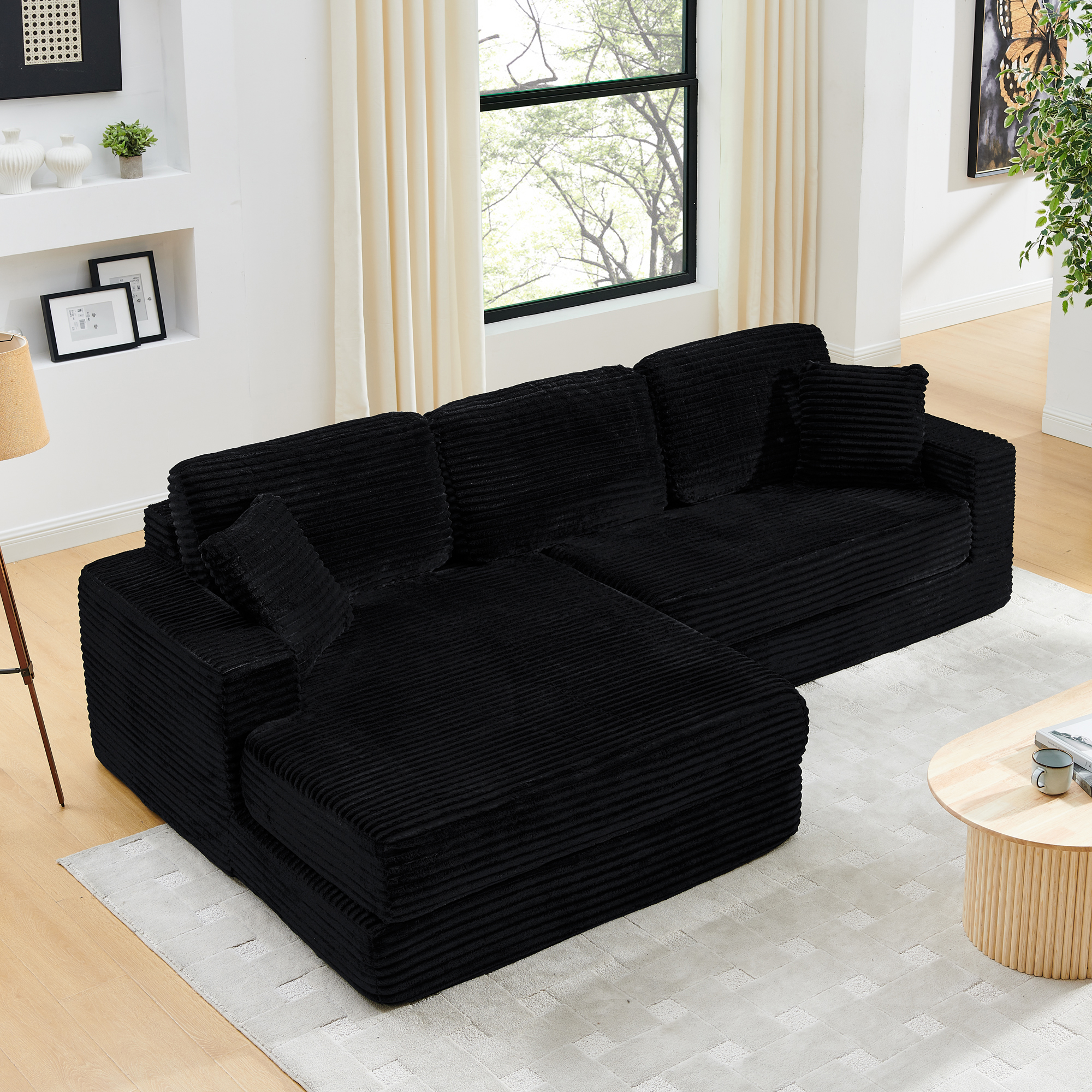 Left sofa seat,L shape Modular Sectional Sofa, Compressed Sectional Sofa Modern Minimalist Style Corduroy Couch,Unfold into a bed, Bedroom, Comfy Compressed Sofa Couch Space-Efficient Design-black - Image 2