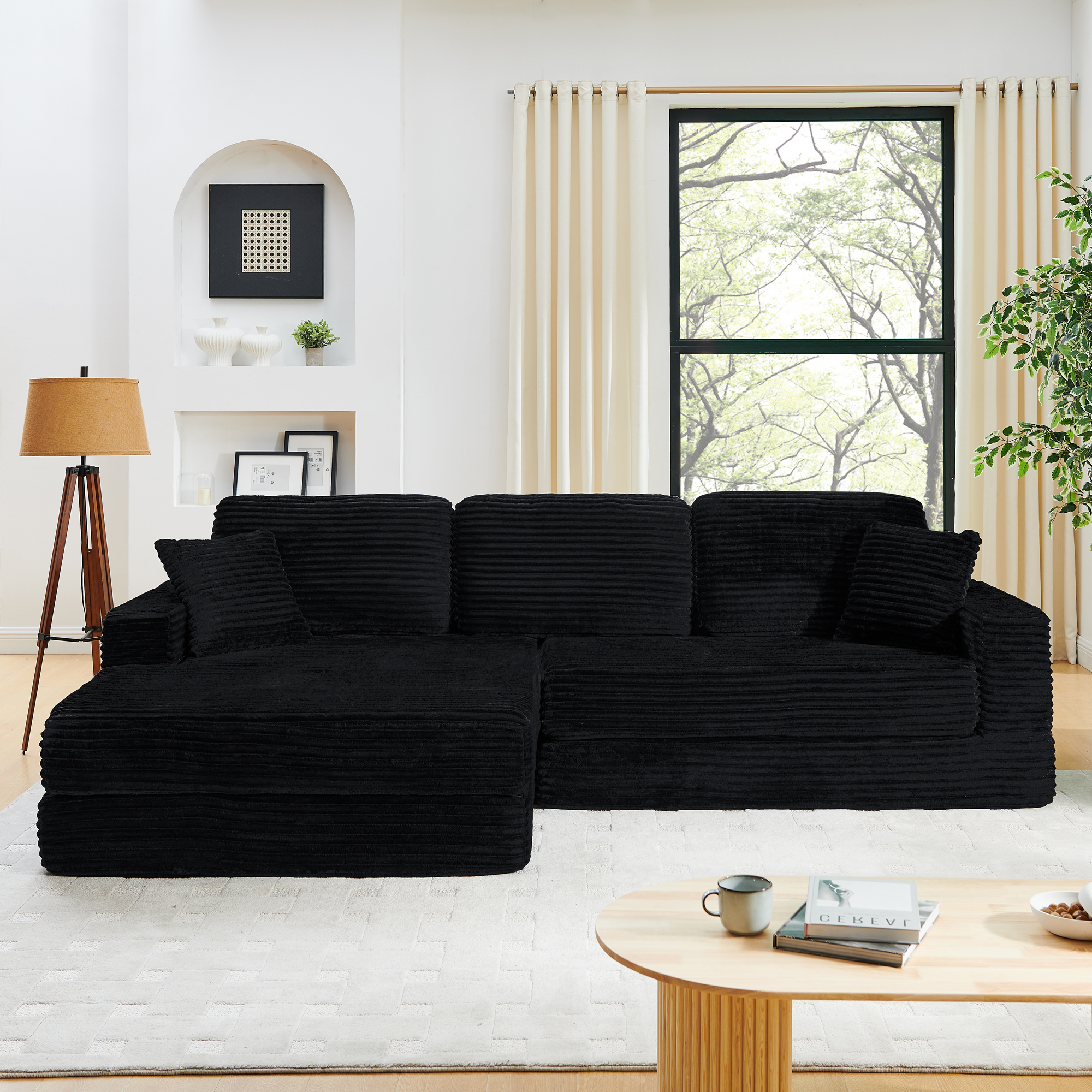 Left sofa seat,L shape Modular Sectional Sofa, Compressed Sectional Sofa Modern Minimalist Style Corduroy Couch,Unfold into a bed, Bedroom, Comfy Compressed Sofa Couch Space-Efficient Design-black - Image 3
