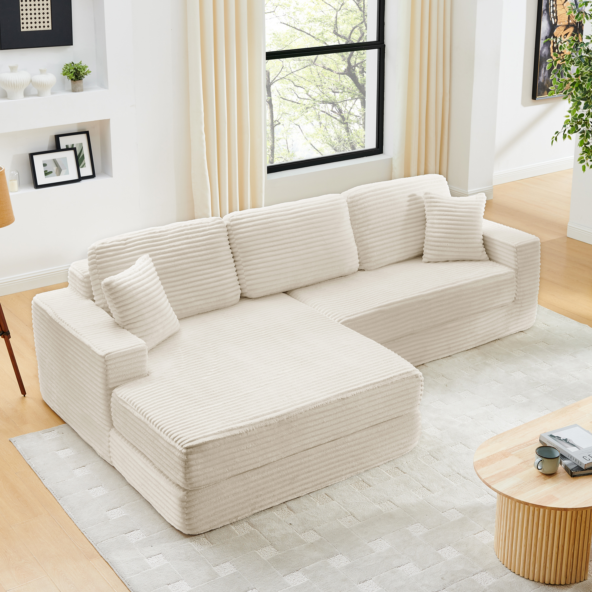 Left sofa seat,L shape Modular Sectional Sofa, Compressed Sectional Sofa Modern Minimalist Style Corduroy Couch,Unfold into a bed, Bedroom, Comfy Compressed Sofa Couch Space-Efficient Design-Beige - Image 2