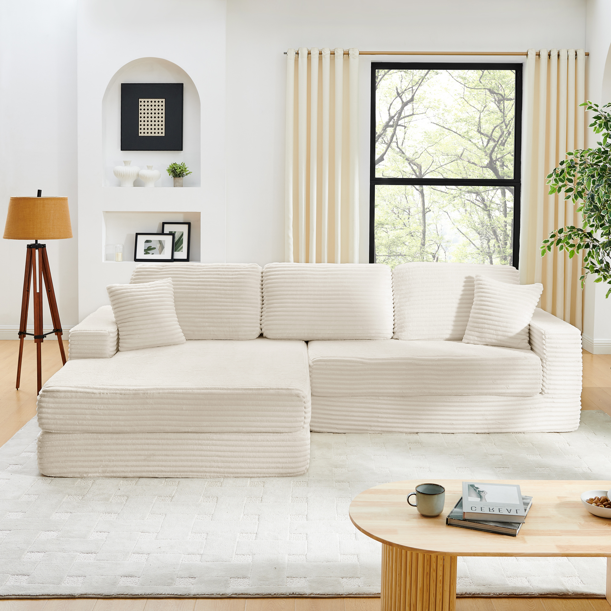Left sofa seat,L shape Modular Sectional Sofa, Compressed Sectional Sofa Modern Minimalist Style Corduroy Couch,Unfold into a bed, Bedroom, Comfy Compressed Sofa Couch Space-Efficient Design-Beige - Image 3