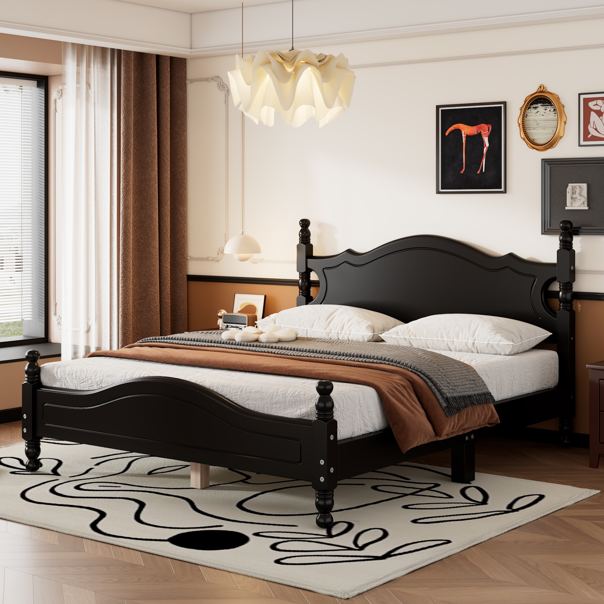 Queen Size Wood Platform Bed Frame,Retro Style Platform Bed with Wooden Slat Support,Black - Image 2