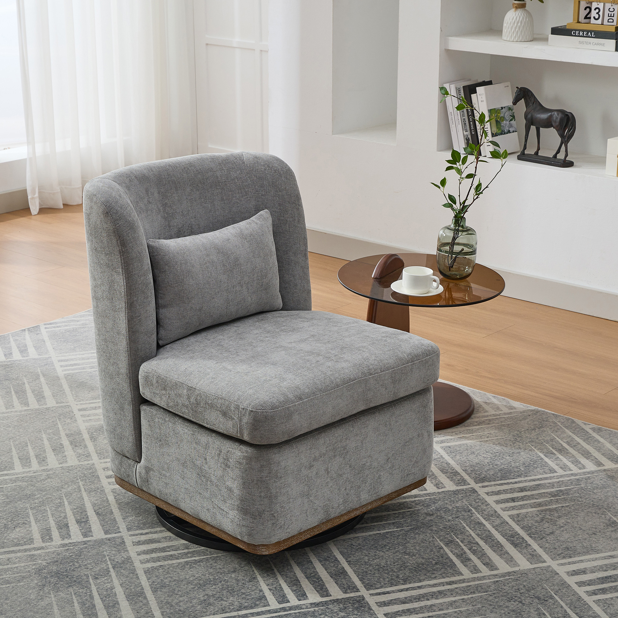 25.2 “Wide Modern Chenille Cushioned Armless Metal Base 360° Swivel Chair with Pillow, Suitable for Living Room, Family Room, Bedroom, Lounge Area, Office. Grey