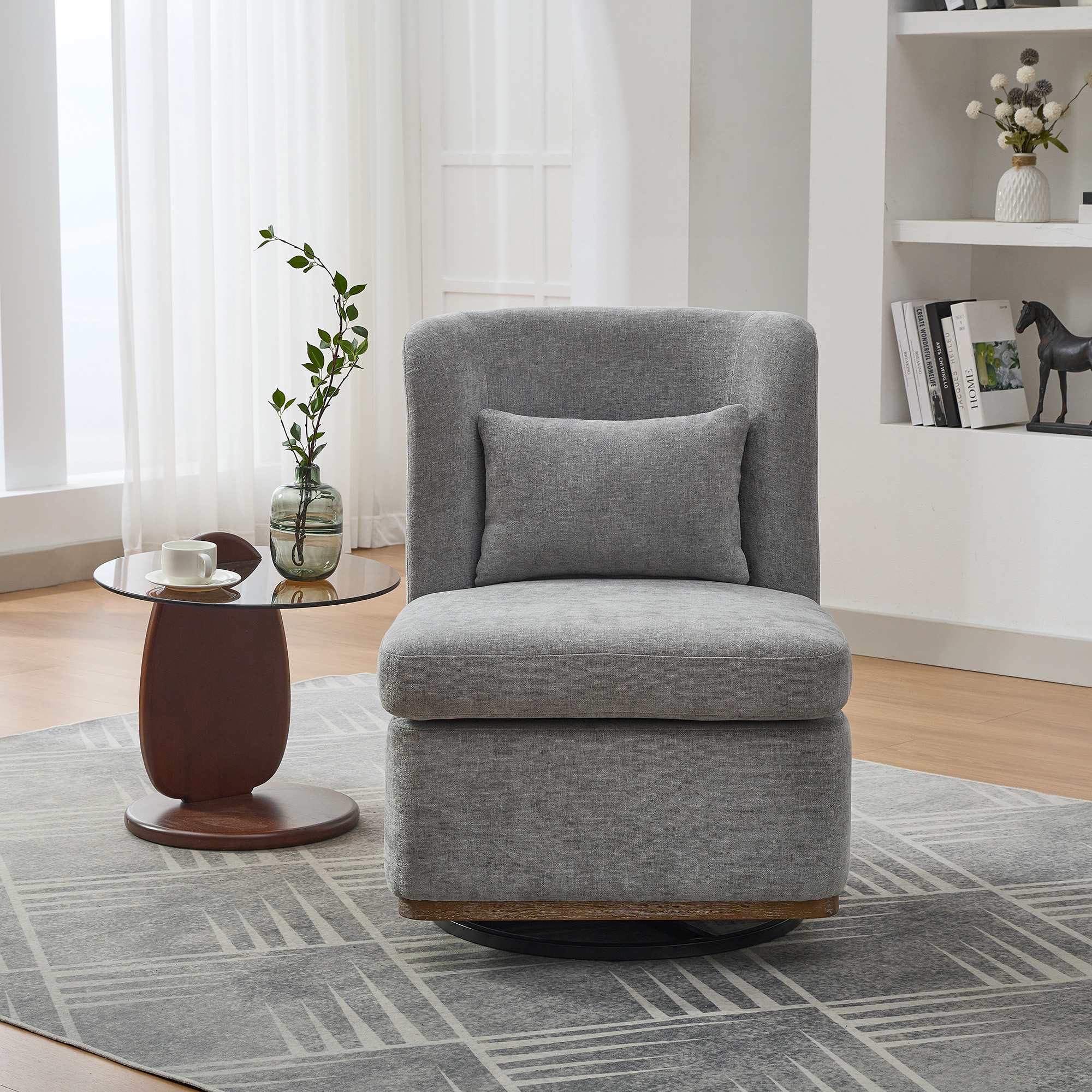 25.2 "Wide Modern Chenille Cushioned Armless Metal Base 360° Swivel Chair with Pillow, Suitable for Living Room, Family Room, Bedroom, Lounge Area, Office. Grey - Image 2