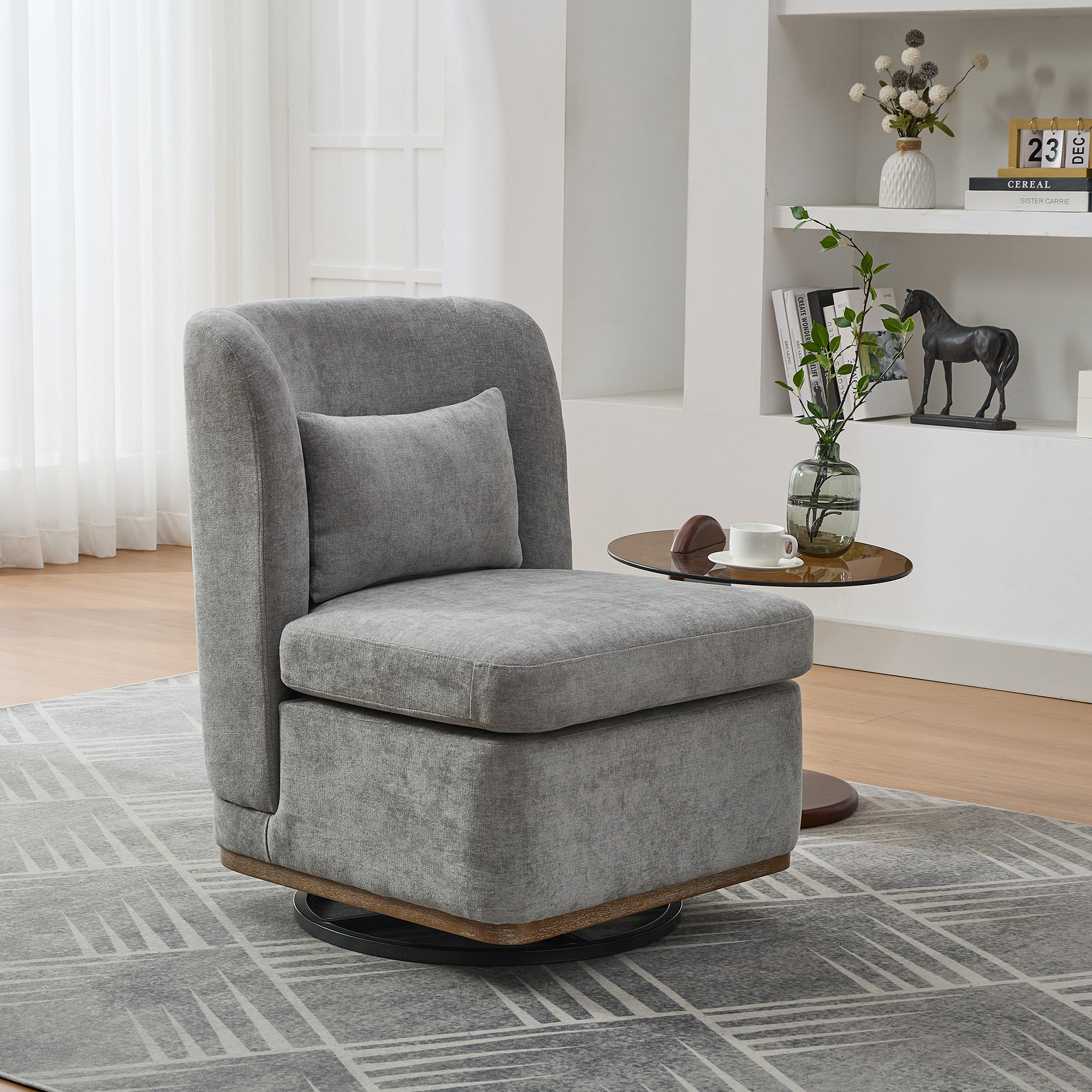 25.2 "Wide Modern Chenille Cushioned Armless Metal Base 360° Swivel Chair with Pillow, Suitable for Living Room, Family Room, Bedroom, Lounge Area, Office. Grey - Image 3