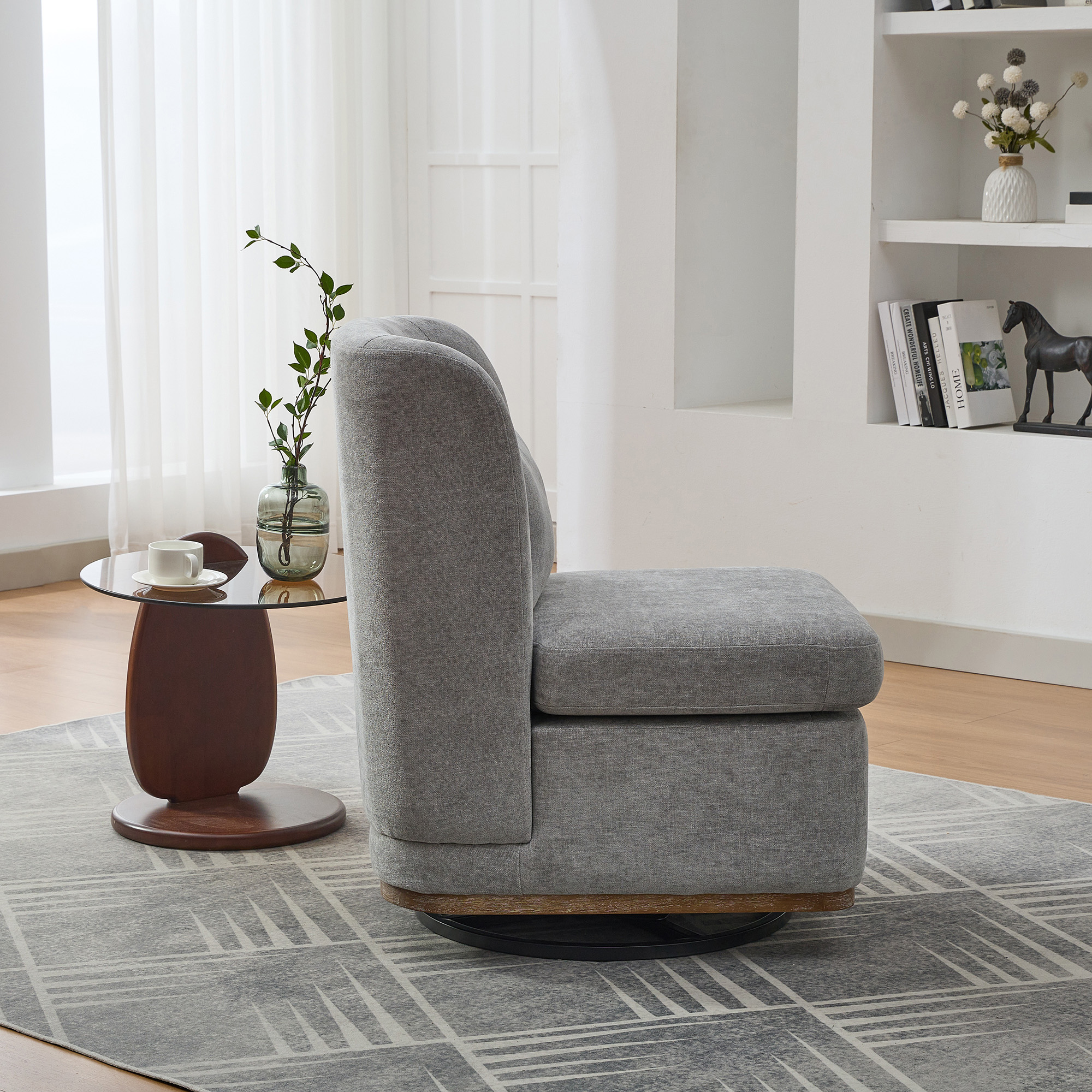 25.2 "Wide Modern Chenille Cushioned Armless Metal Base 360° Swivel Chair with Pillow, Suitable for Living Room, Family Room, Bedroom, Lounge Area, Office. Grey - Image 4