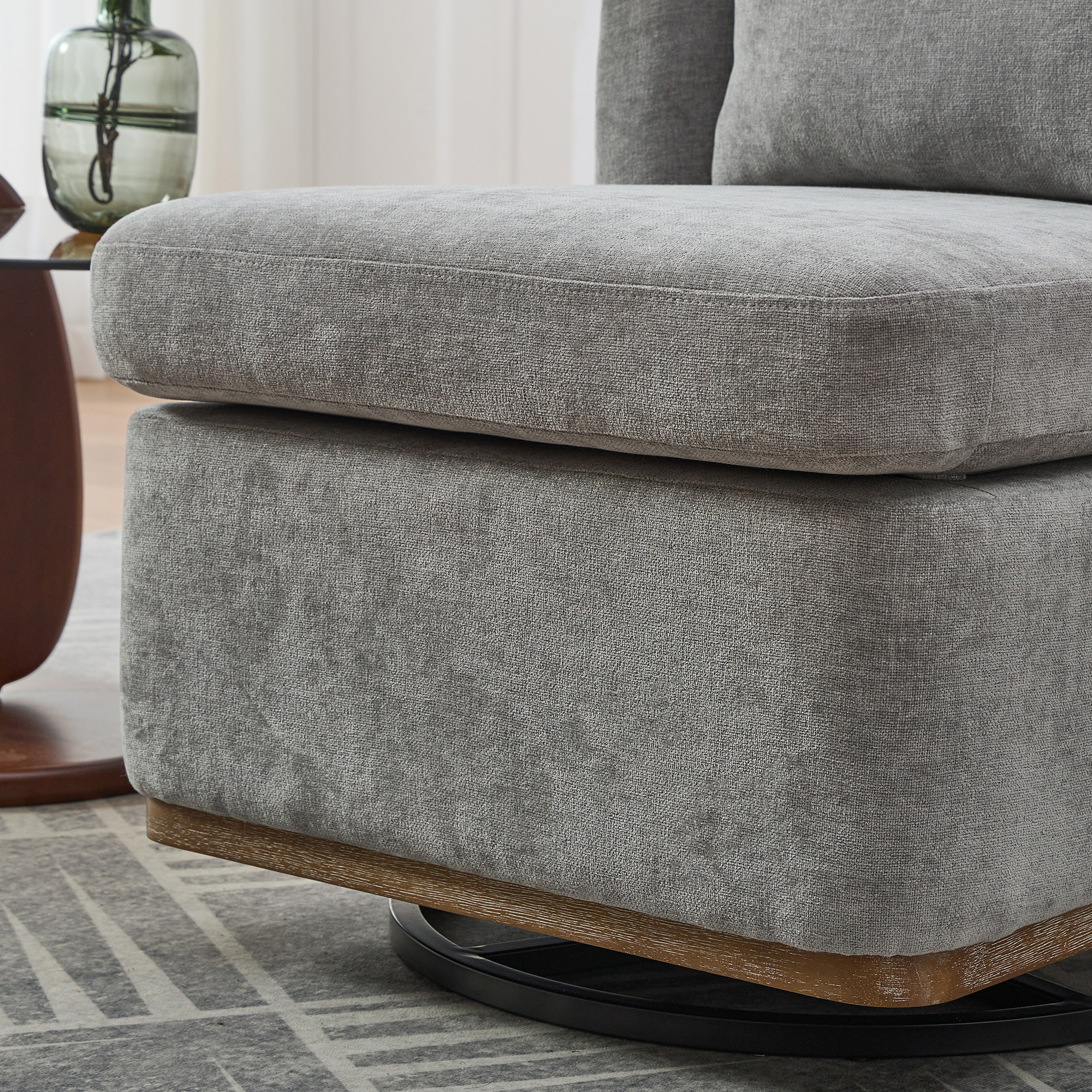 25.2 "Wide Modern Chenille Cushioned Armless Metal Base 360° Swivel Chair with Pillow, Suitable for Living Room, Family Room, Bedroom, Lounge Area, Office. Grey - Image 6