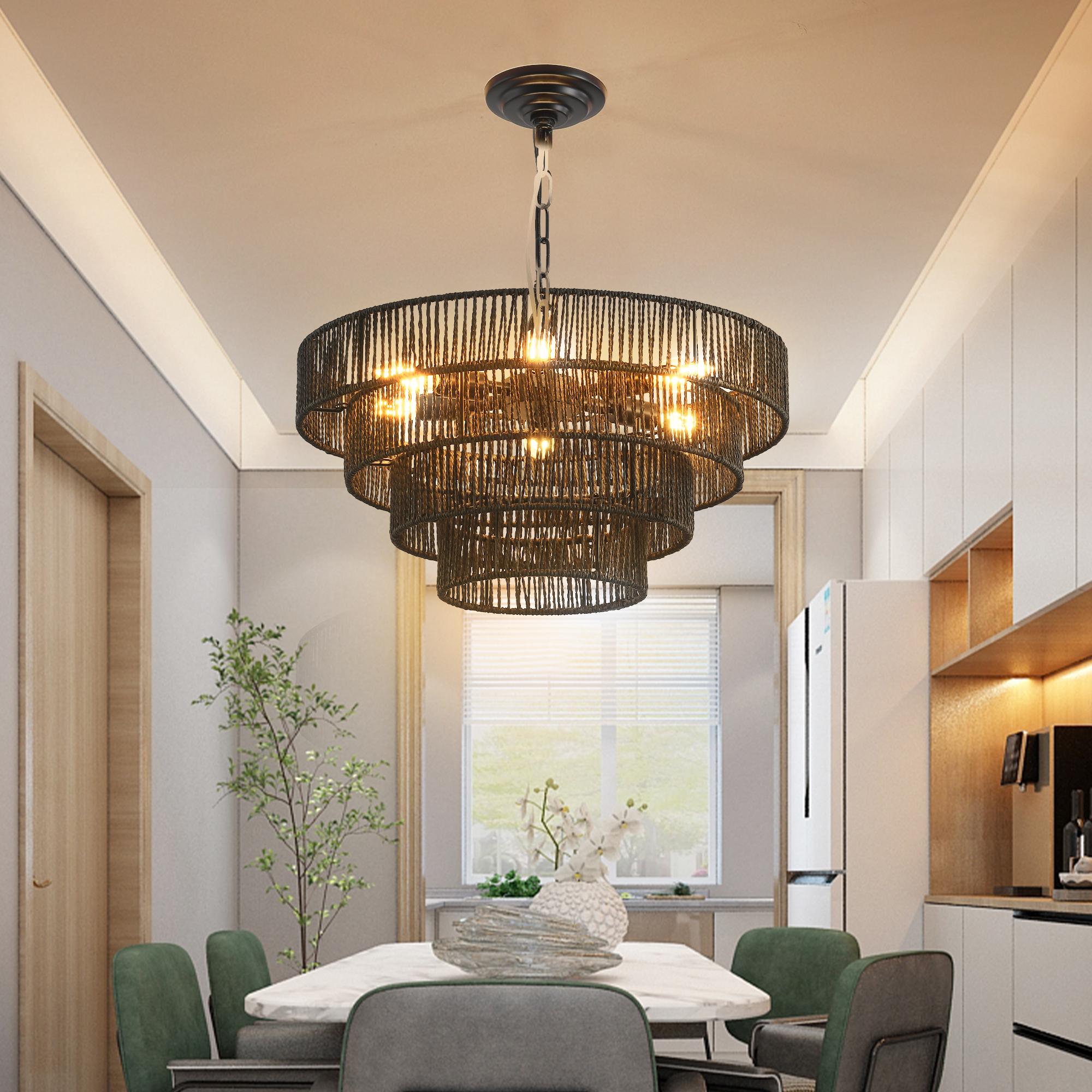 20" Rustic 4-Tier Black Hemp Rope Pendant Light Chandelier with 6 E12 Sockets, Handmade Tiered Boho Ceiling Light Fixture for Dining Room, Kitchen, or Foyer (Bulb Not Included) - Image 2