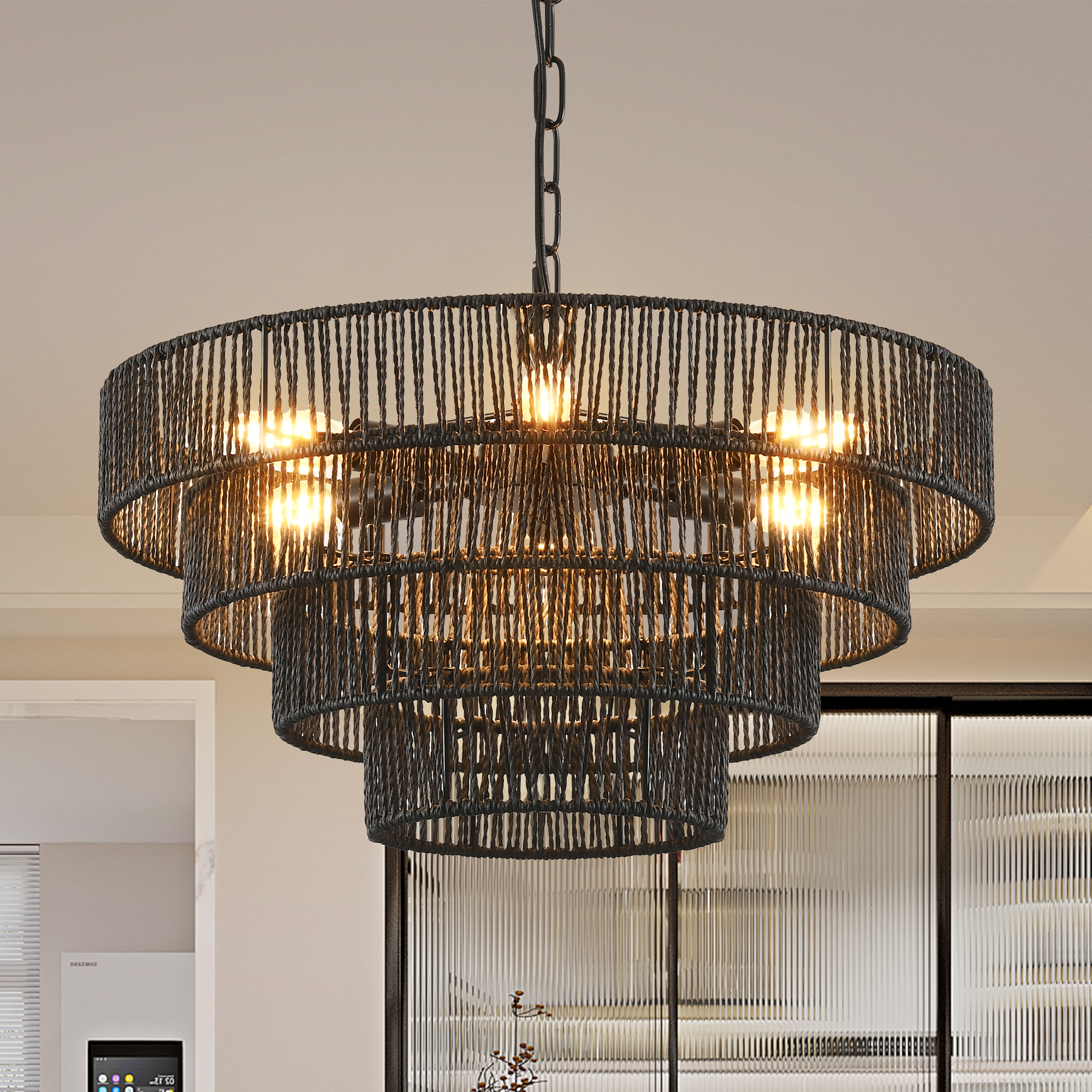20" Rustic 4-Tier Black Hemp Rope Pendant Light Chandelier with 6 E12 Sockets, Handmade Tiered Boho Ceiling Light Fixture for Dining Room, Kitchen, or Foyer (Bulb Not Included) - Image 3