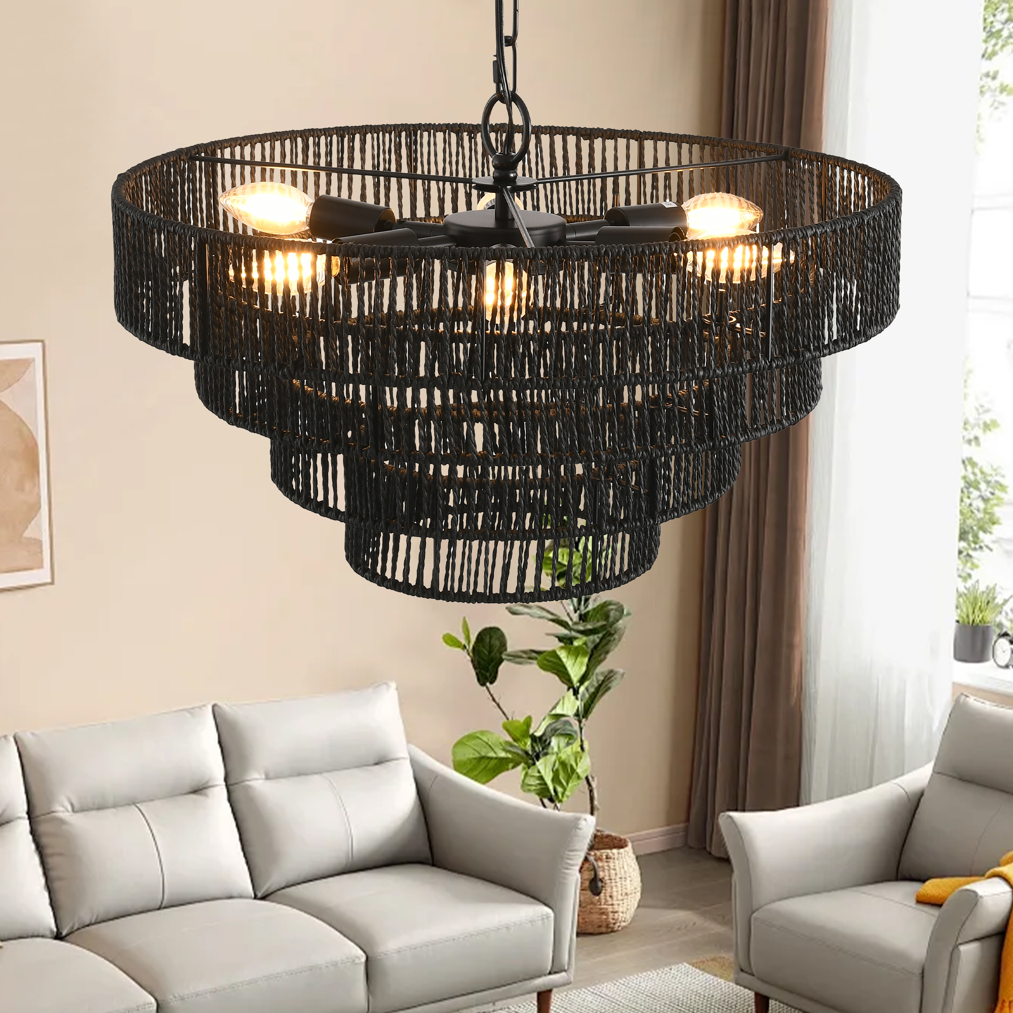 20" Rustic 4-Tier Black Hemp Rope Pendant Light Chandelier with 6 E12 Sockets, Handmade Tiered Boho Ceiling Light Fixture for Dining Room, Kitchen, or Foyer (Bulb Not Included) - Image 4