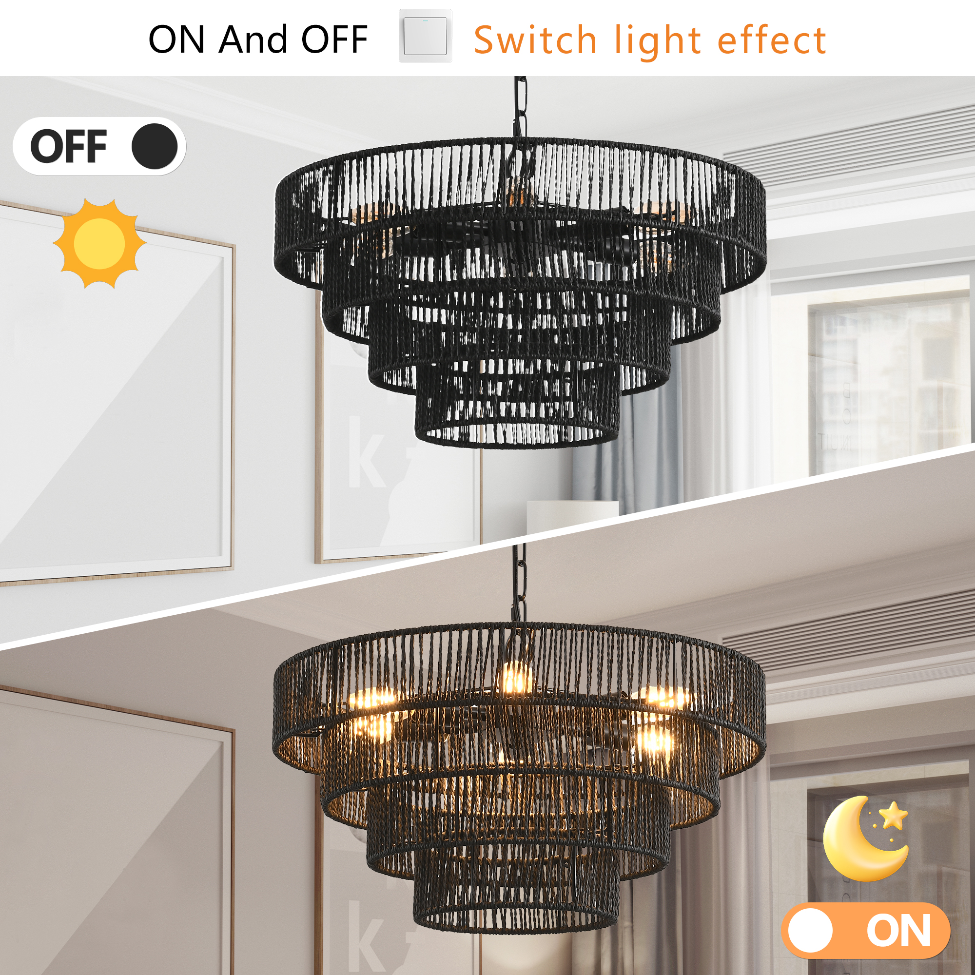 20" Rustic 4-Tier Black Hemp Rope Pendant Light Chandelier with 6 E12 Sockets, Handmade Tiered Boho Ceiling Light Fixture for Dining Room, Kitchen, or Foyer (Bulb Not Included) - Image 5
