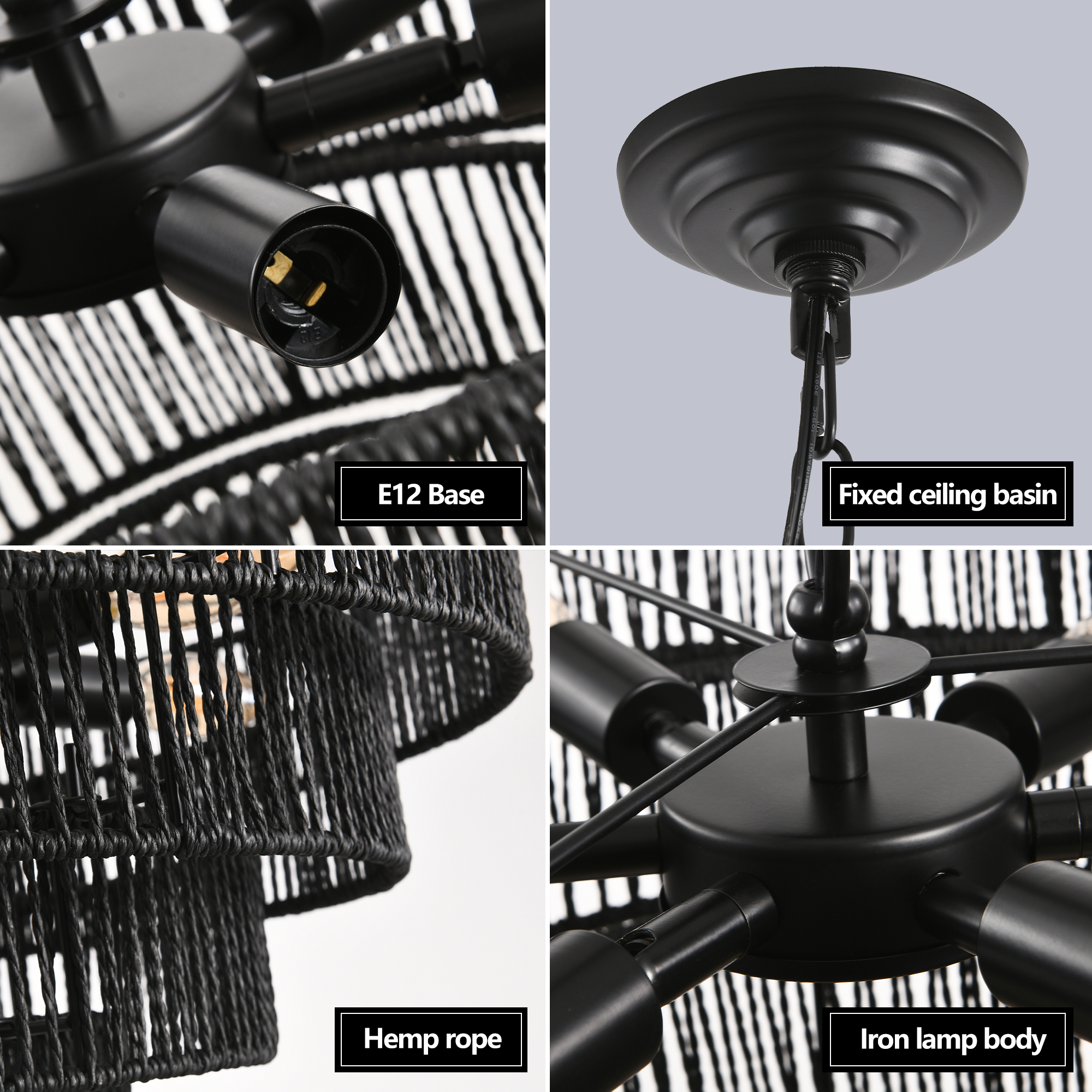 20" Rustic 4-Tier Black Hemp Rope Pendant Light Chandelier with 6 E12 Sockets, Handmade Tiered Boho Ceiling Light Fixture for Dining Room, Kitchen, or Foyer (Bulb Not Included) - Image 6