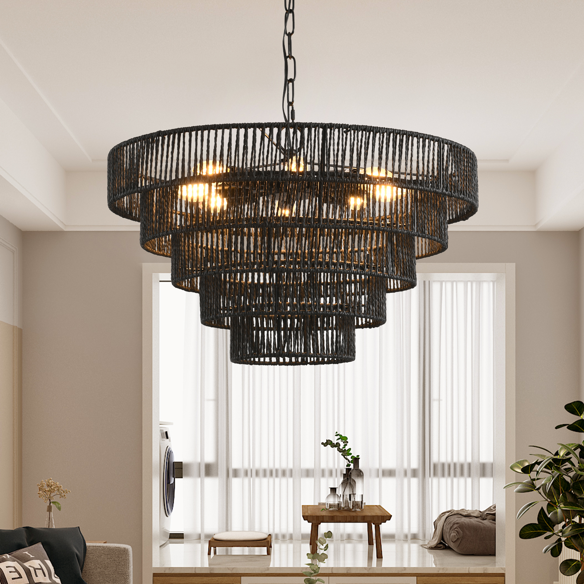 24" Rustic 5-Tier Black Hemp Rope Pendant Light Chandelier with 8 E12 Sockets, Boho Farmhouse Ceiling Fixture for Dining Room, Kitchen, or Entryway (Bulb Not Included) - Image 2