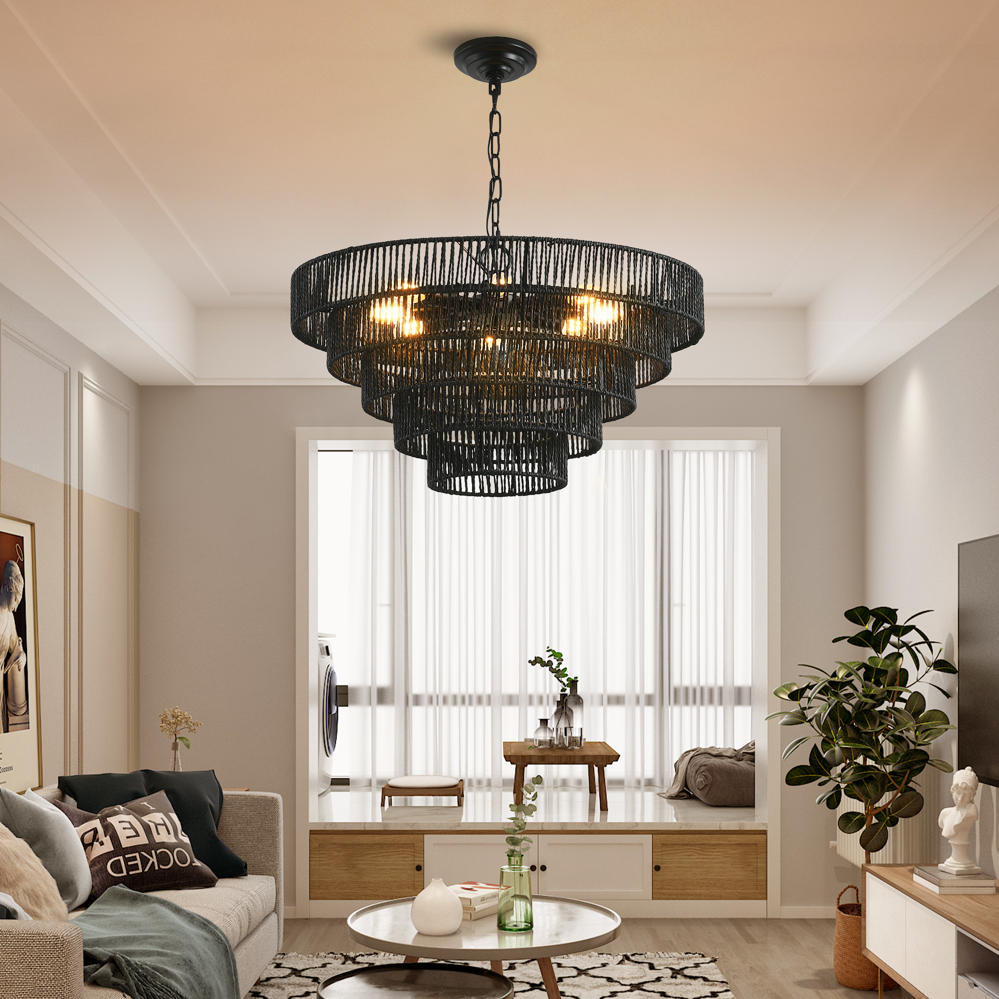 24" Rustic 5-Tier Black Hemp Rope Pendant Light Chandelier with 8 E12 Sockets, Boho Farmhouse Ceiling Fixture for Dining Room, Kitchen, or Entryway (Bulb Not Included) - Image 3