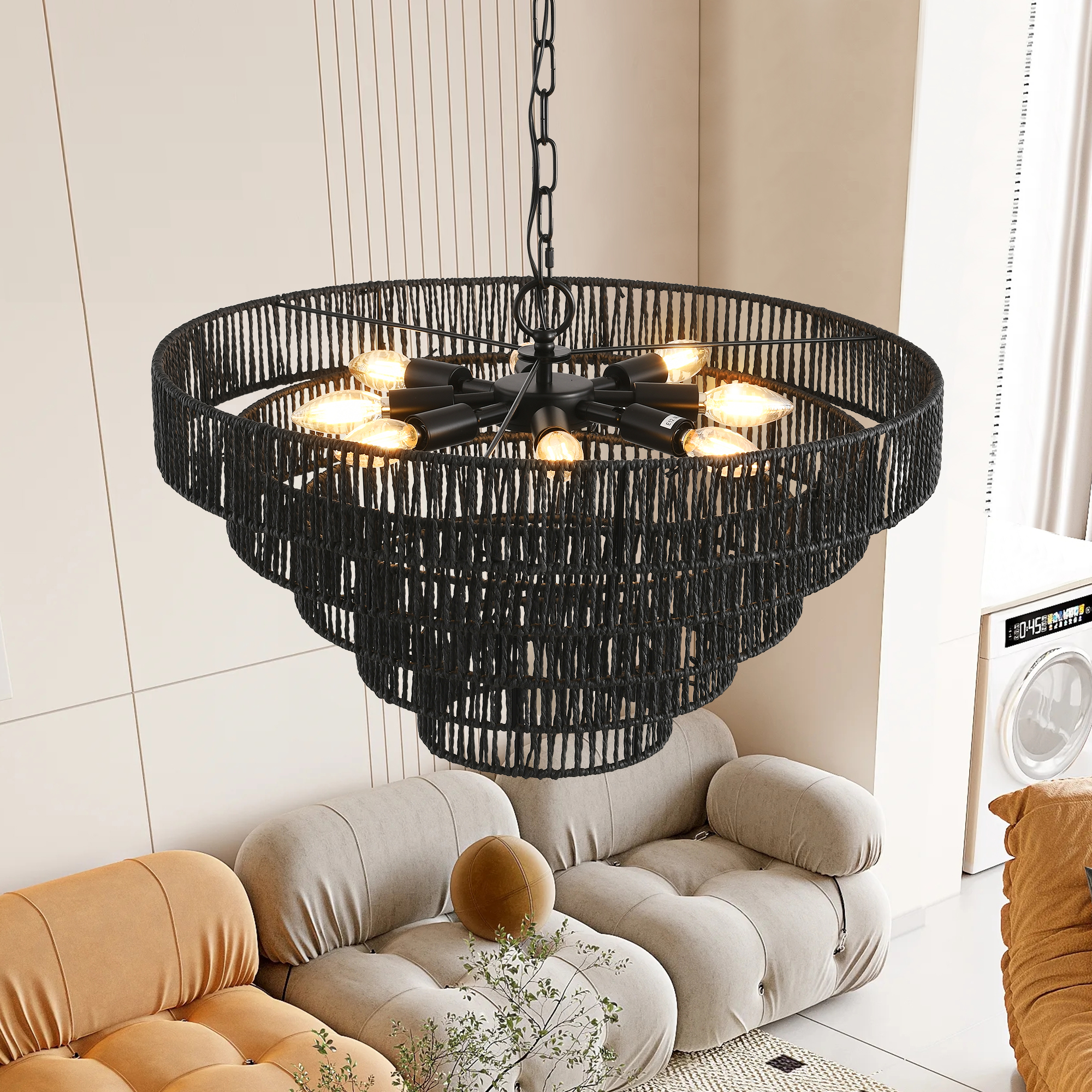 24" Rustic 5-Tier Black Hemp Rope Pendant Light Chandelier with 8 E12 Sockets, Boho Farmhouse Ceiling Fixture for Dining Room, Kitchen, or Entryway (Bulb Not Included) - Image 4