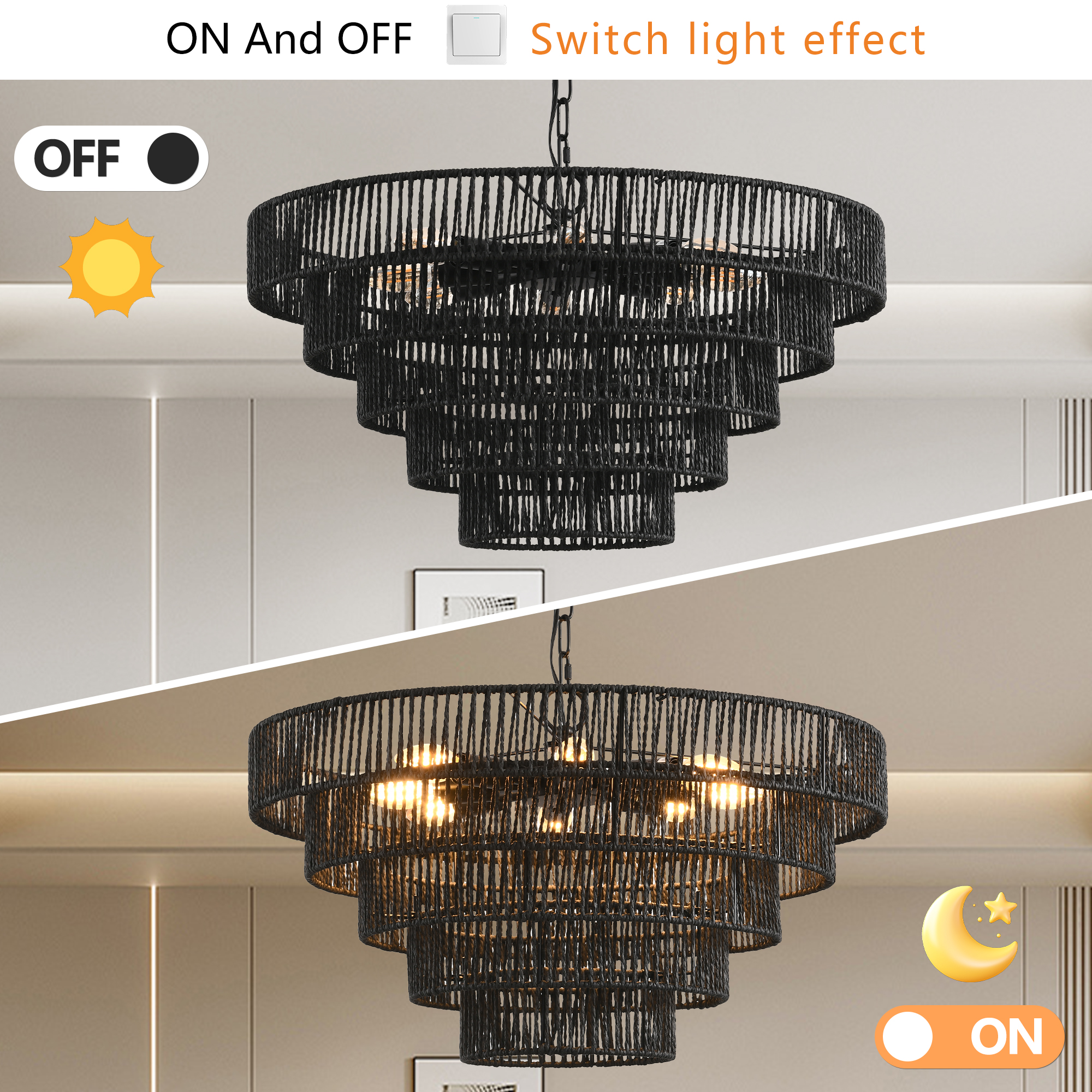 24" Rustic 5-Tier Black Hemp Rope Pendant Light Chandelier with 8 E12 Sockets, Boho Farmhouse Ceiling Fixture for Dining Room, Kitchen, or Entryway (Bulb Not Included) - Image 6