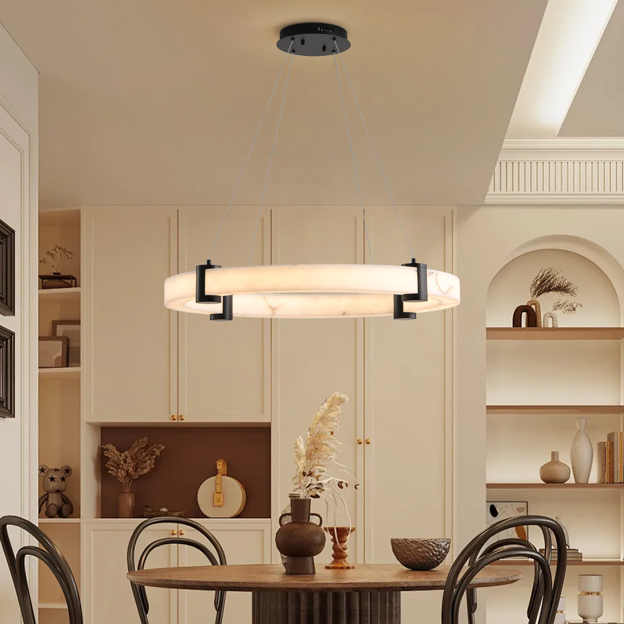 Modern LED Pendant Light, 24-Inch Round Hanging Chandelier with Adjustable Height, Imitation Marble Finish Resin Ring Ceiling Light for Dining Room, Kitchen Island, Living Room - Image 2