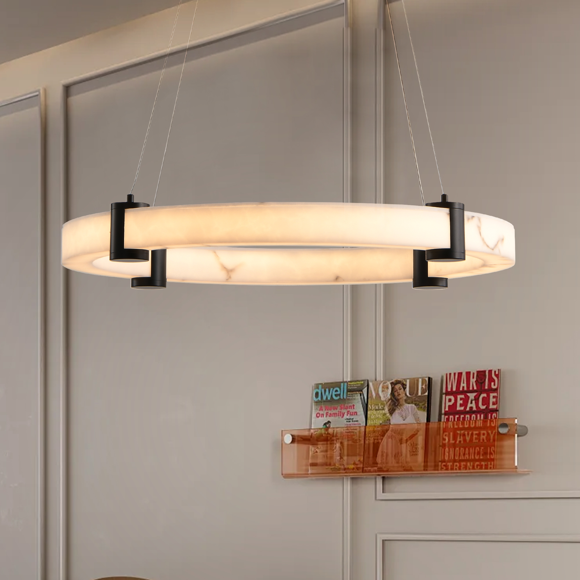 Modern LED Pendant Light, 24-Inch Round Hanging Chandelier with Adjustable Height, Imitation Marble Finish Resin Ring Ceiling Light for Dining Room, Kitchen Island, Living Room - Image 3