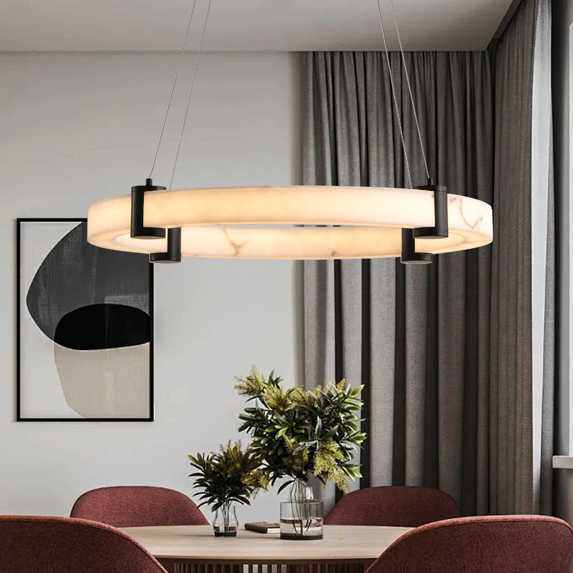 Modern LED Pendant Light, 24-Inch Round Hanging Chandelier with Adjustable Height, Imitation Marble Finish Resin Ring Ceiling Light for Dining Room, Kitchen Island, Living Room - Image 4