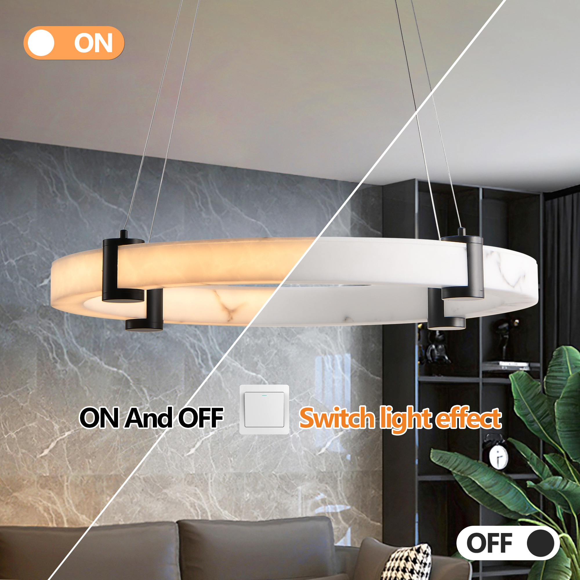 Modern LED Pendant Light, 24-Inch Round Hanging Chandelier with Adjustable Height, Imitation Marble Finish Resin Ring Ceiling Light for Dining Room, Kitchen Island, Living Room - Image 6