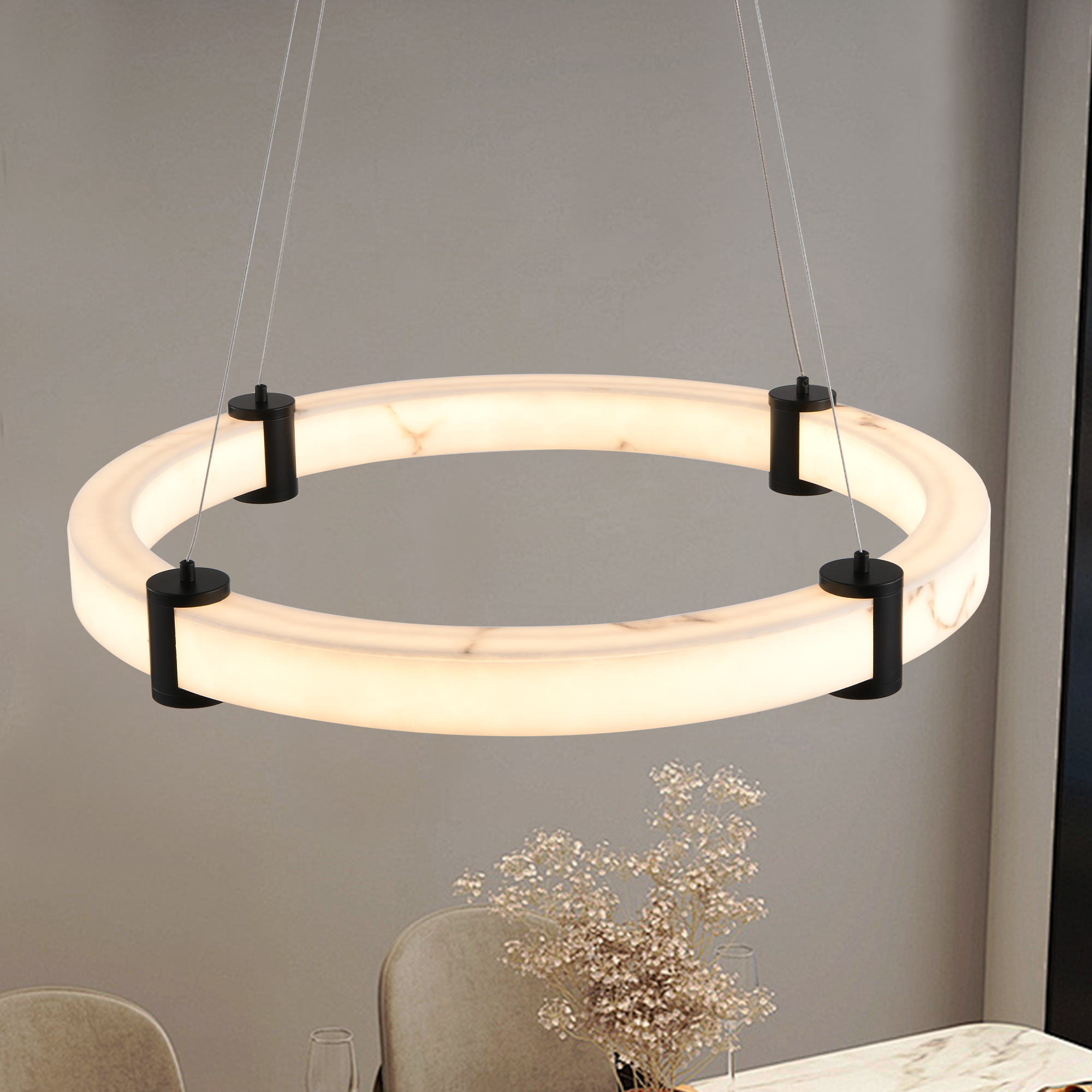 Modern LED Pendant Light, 24-Inch Round Hanging Chandelier with Adjustable Height, Imitation Marble Finish Resin Ring Ceiling Light for Dining Room, Kitchen Island, Living Room - Image 5